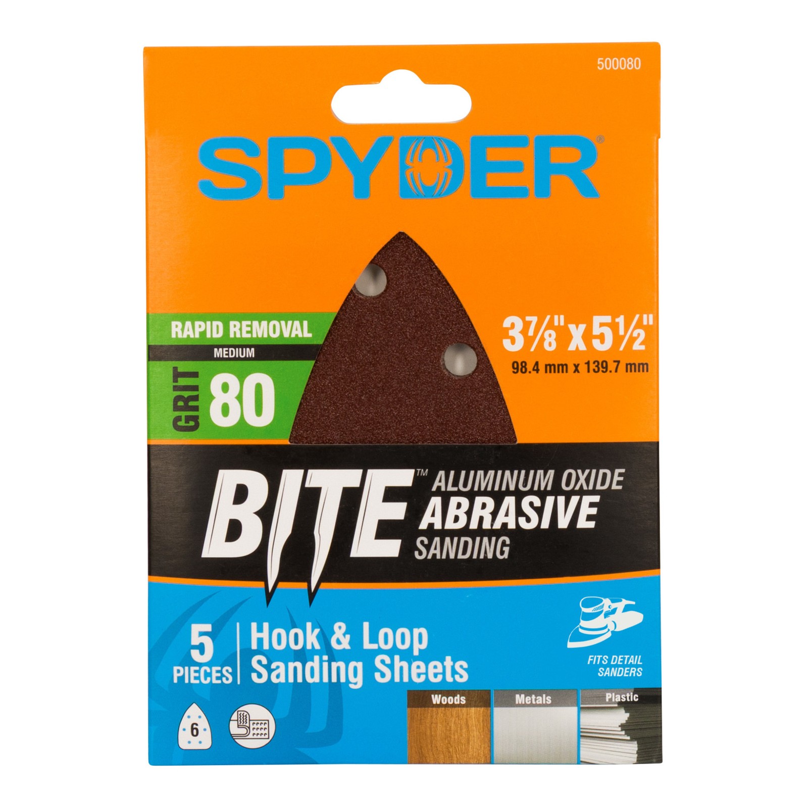 Spyder 3-7/8 in x 5-1/2 in x 6-Hole 80 Grit Detail Sanding Sheets 5-Pack 500080