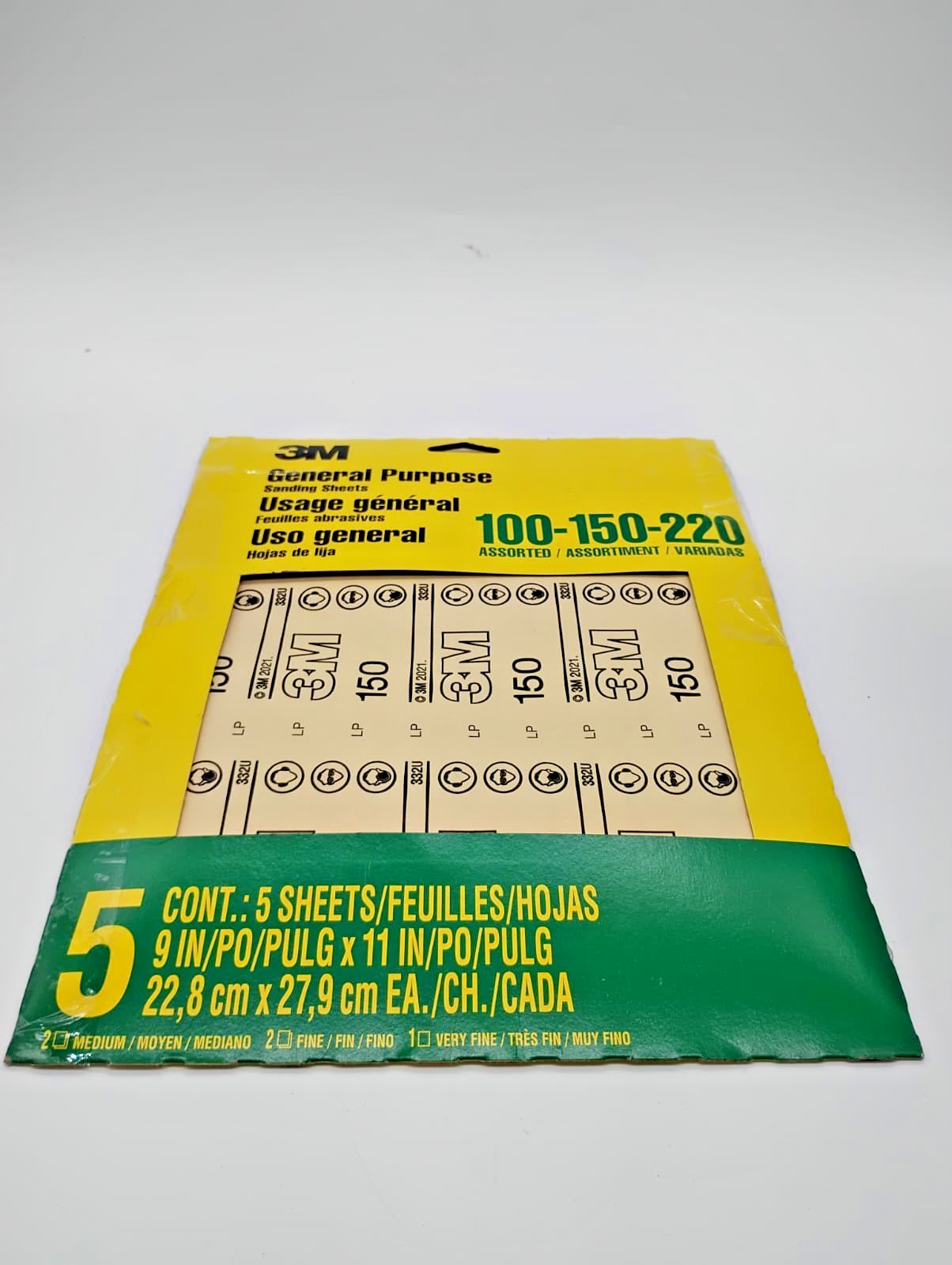 3M Aluminum Oxide Sandpaper, 5 Sheets, Assorted Grit 100-150-220, 9-in x 11-in