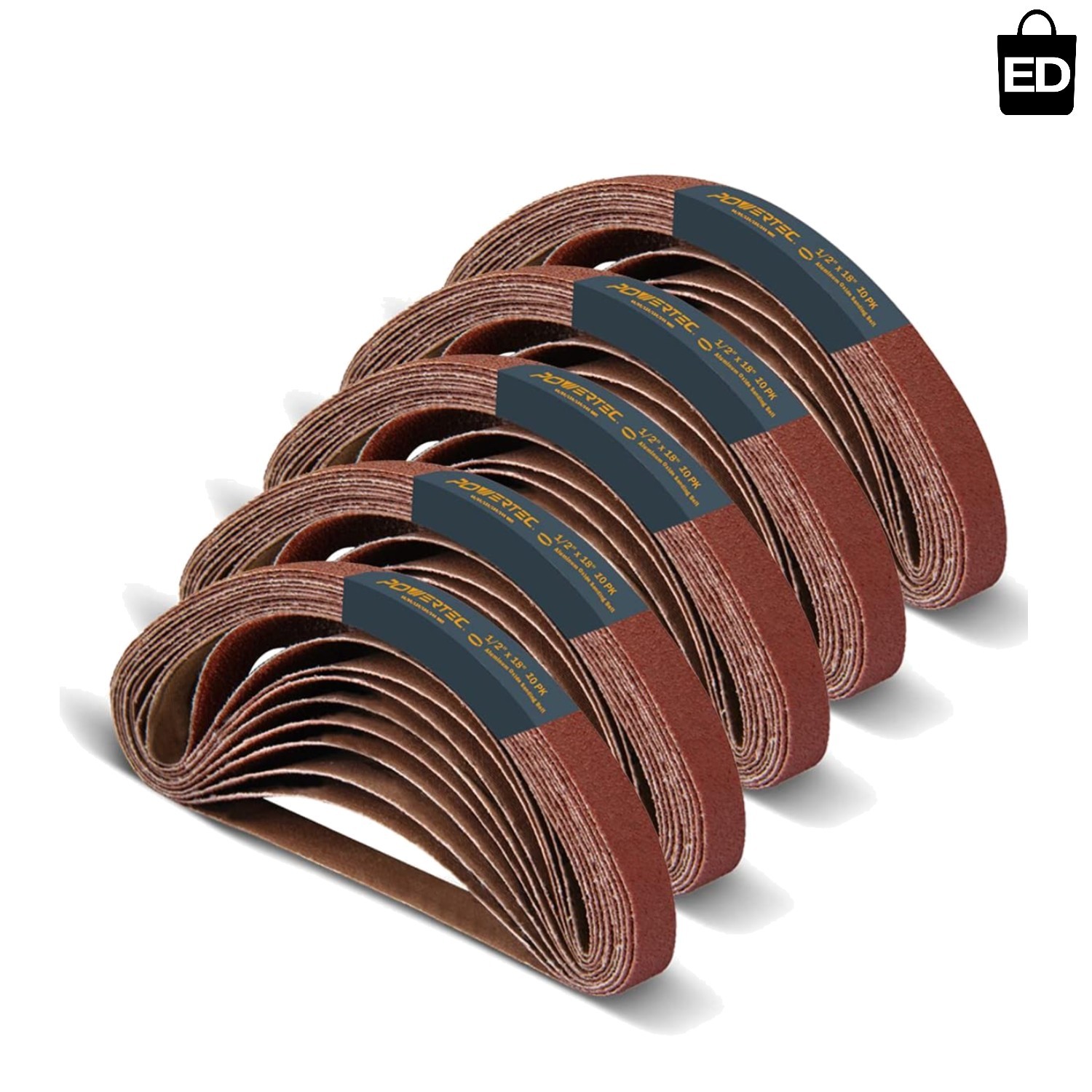 POWERTEC 1/2 x 18 Inch Sanding Belts, 50PK, 10 each of Assorted Sizes