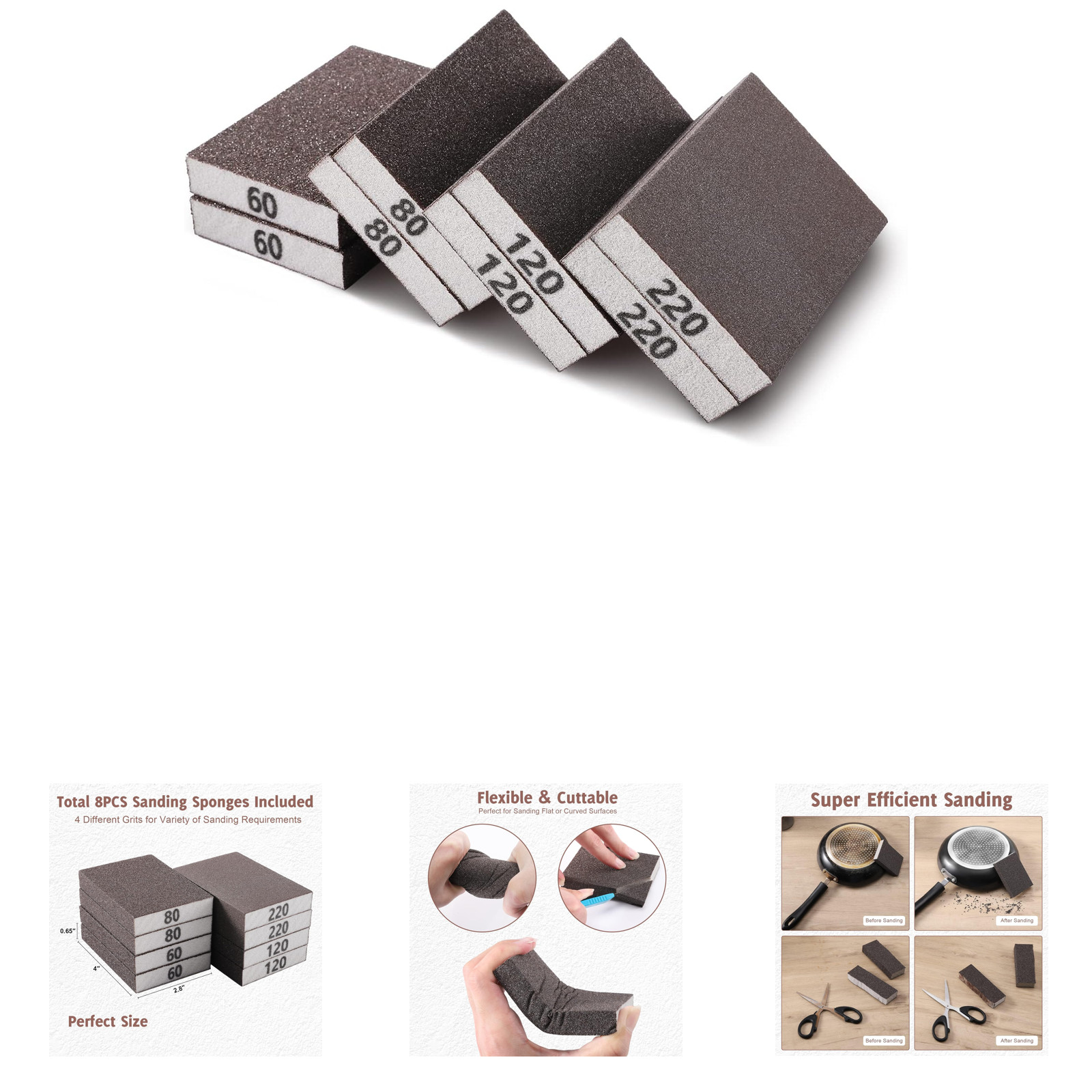 8Pcs Sanding Sponge Set Assorted Grits 60 80 120 220 Reusable Hand Sand Blocks
