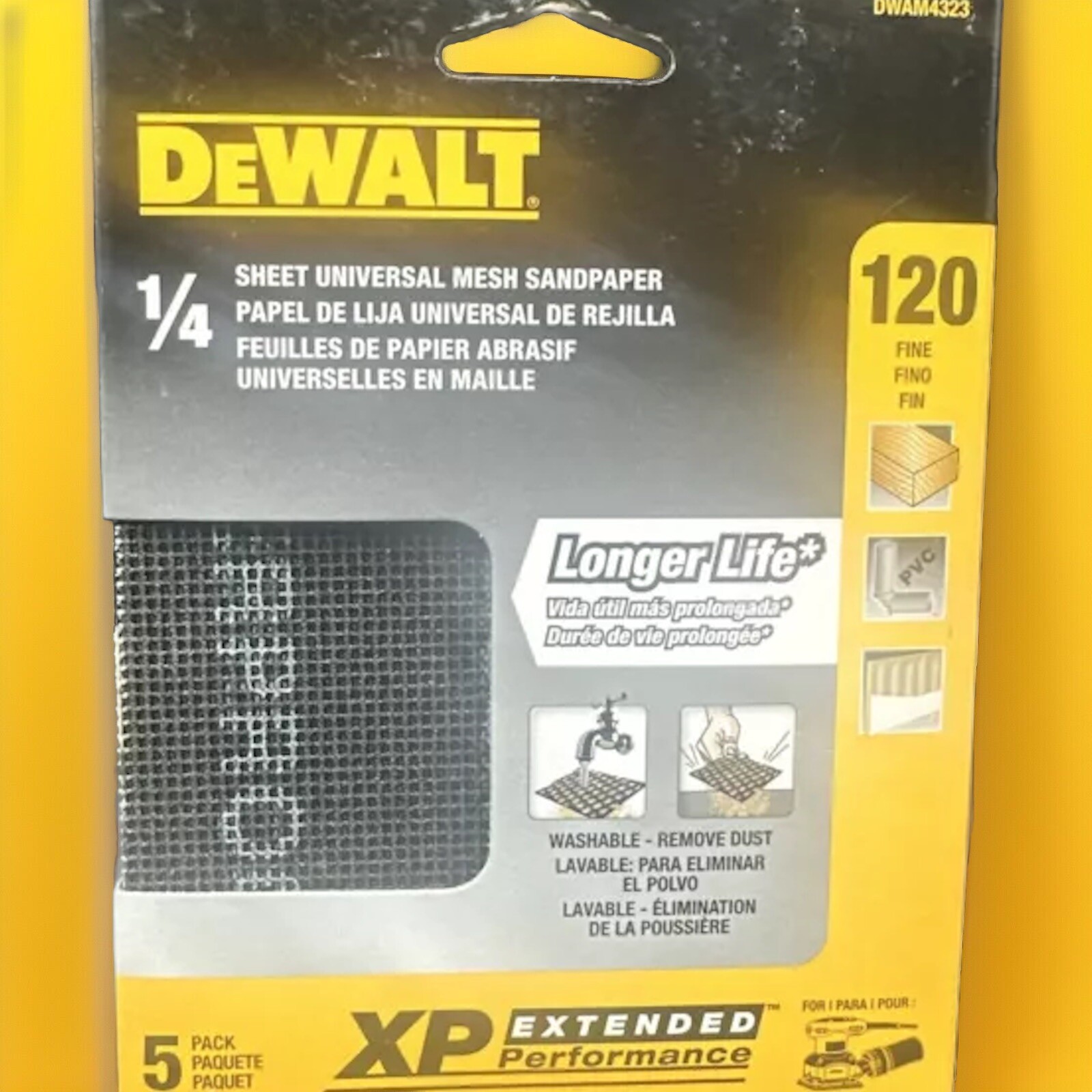 Dewalt Mesh Sandpaper, 4-1/2 in W, 5-1/2 in L, 120 Grit, Fine, Silicon Carbide