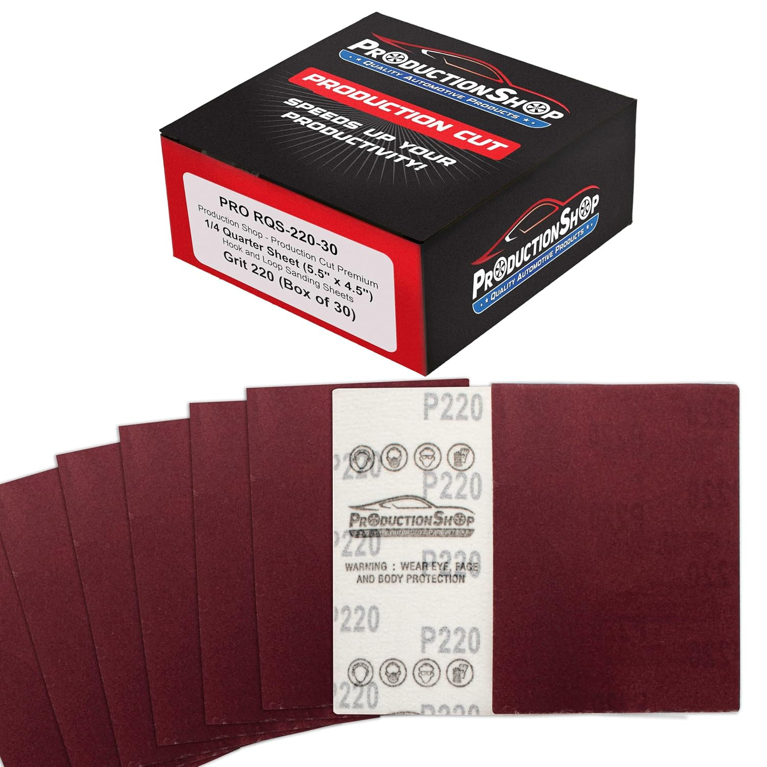 Premium Red 220 Grit 1/4 Sheet Size Red Sanding Sheets, Box