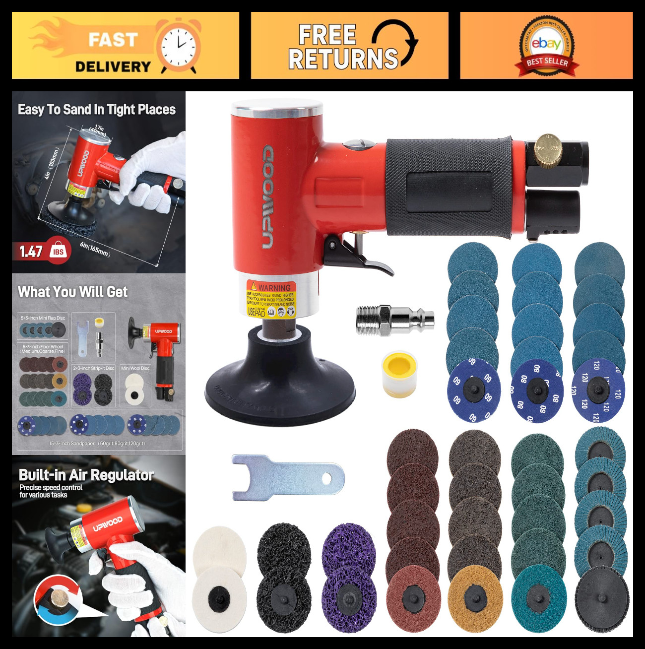 3″ Pneumatic Air Sander Angle Grinder, Polishing Tool + 41pcs Sanding Discs Set