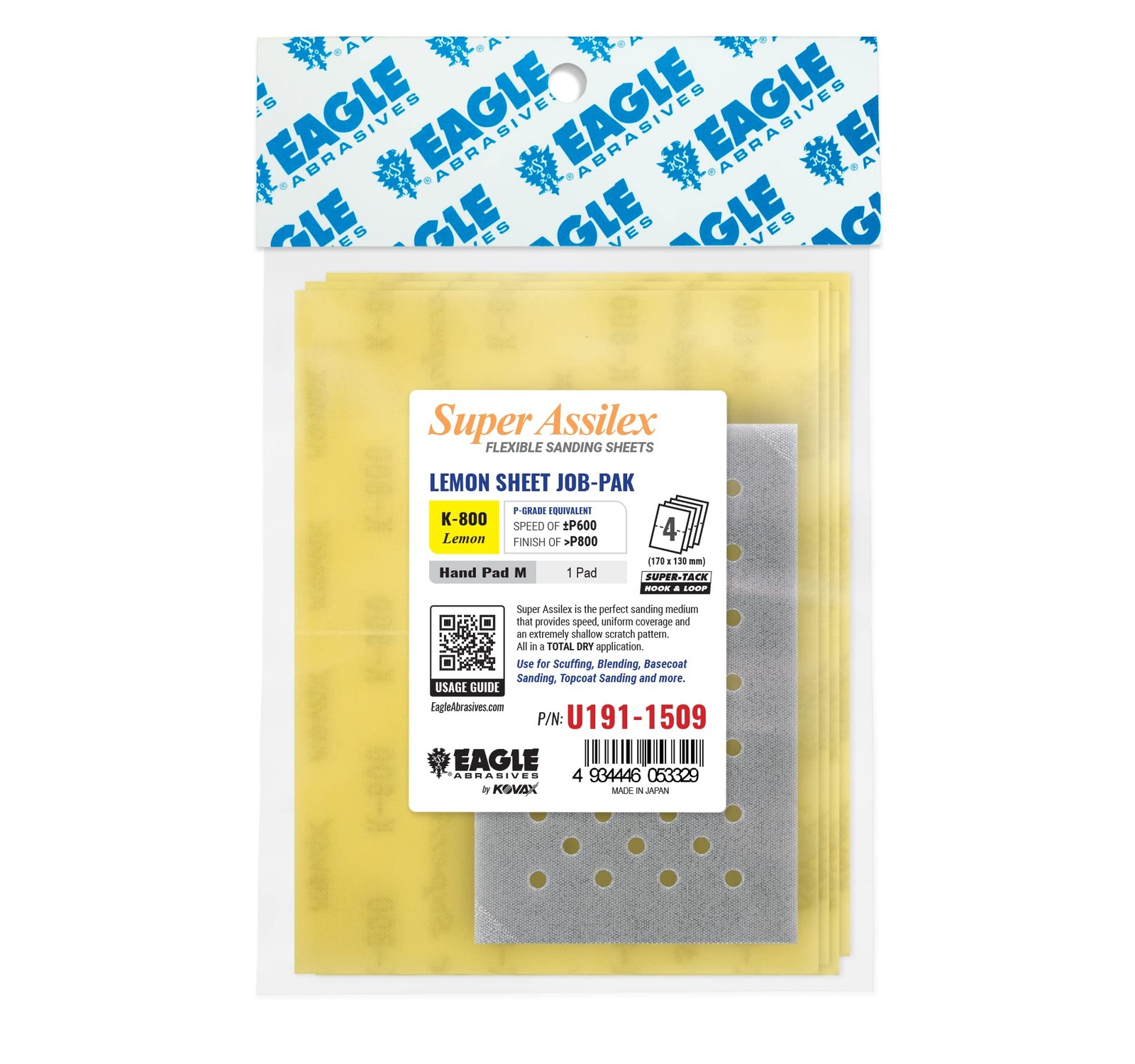 Super Assilex Flexible Sanding Sheets Job-PAK, Lemon K-800, U191-1509, 4 Shee.