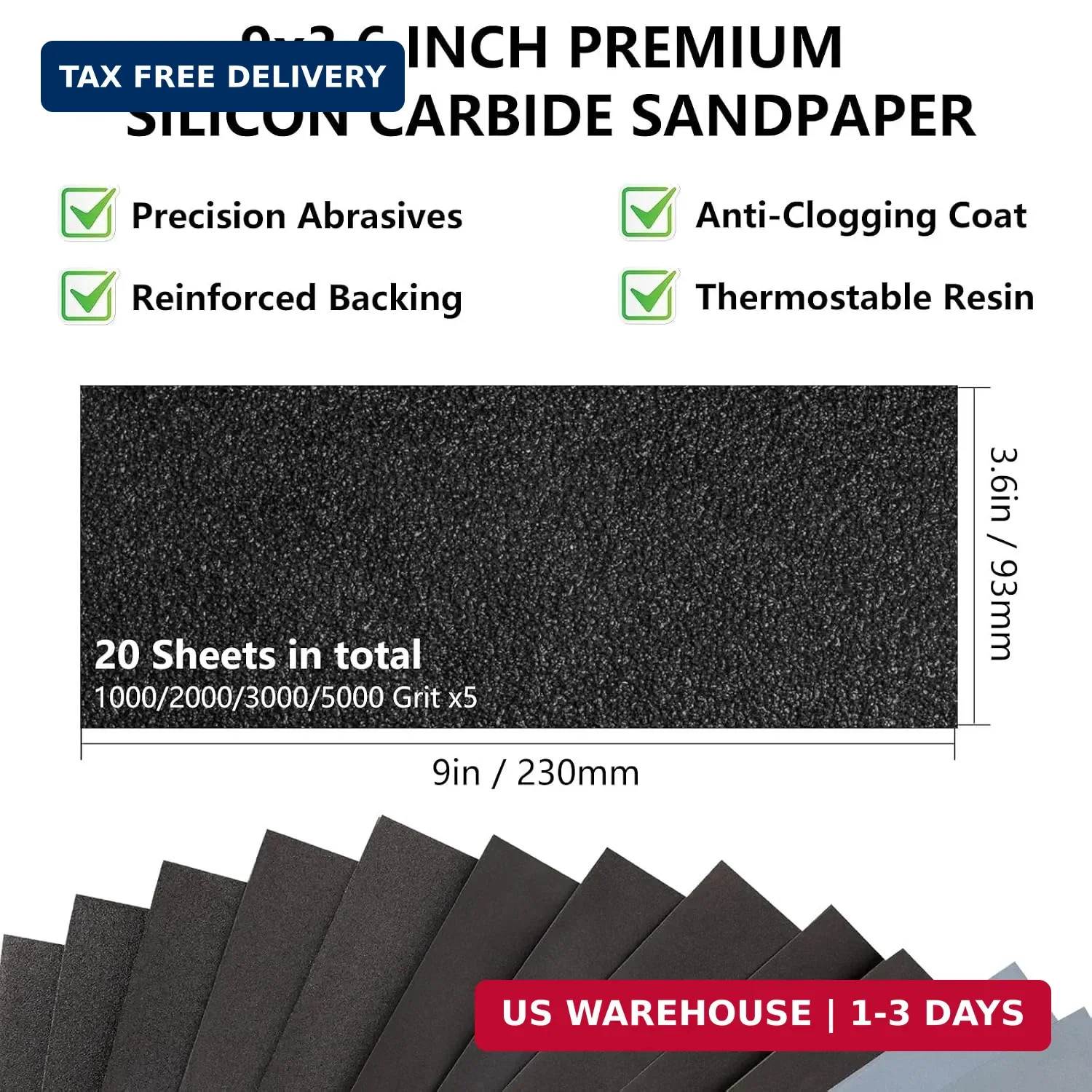 Fine Sandpaper Assortment 1000/2000/3000/5000 Grit, 20 Sheets, 9 x 3.6 Inch Wet