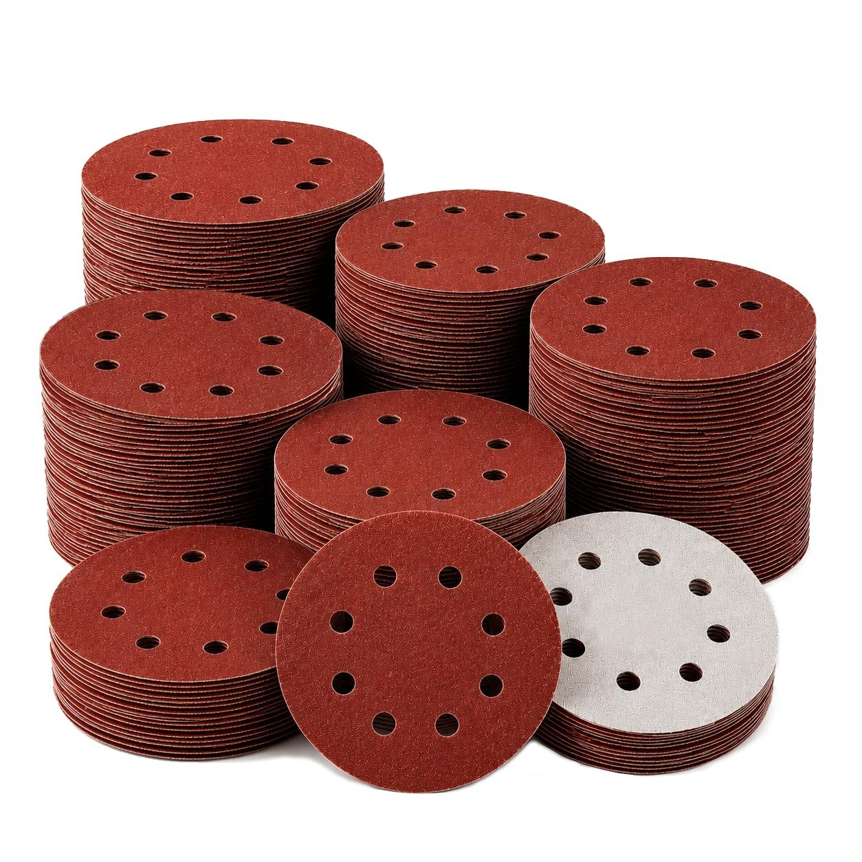300PCS 5″ Hook & Loop Sanding Discs, 8 Hole P40-P400 Assorted for Wood, Metal, A