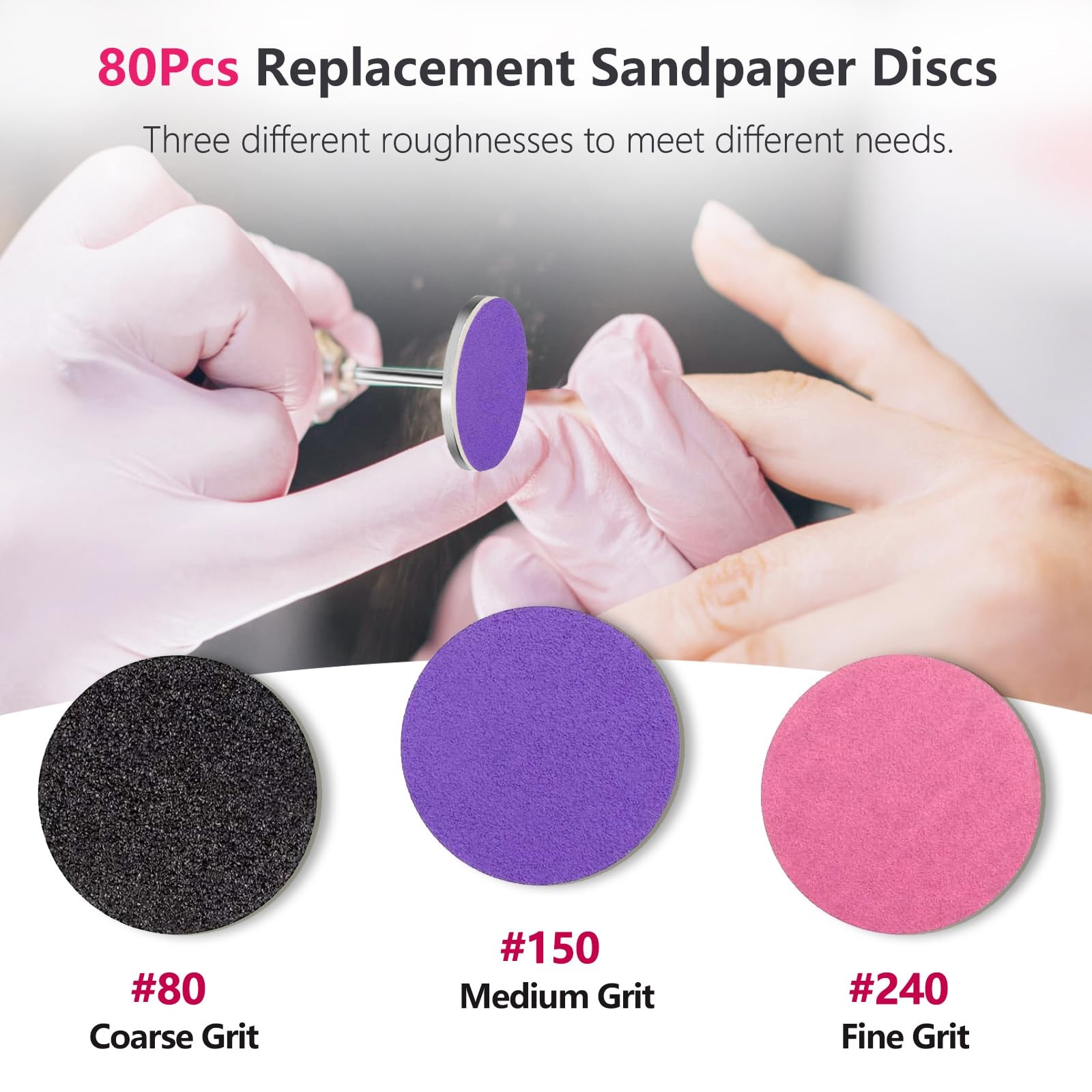 80pcs Sanding Paper Discs with Metal Nail Drill Bit 25mm Black, Purple, Pink