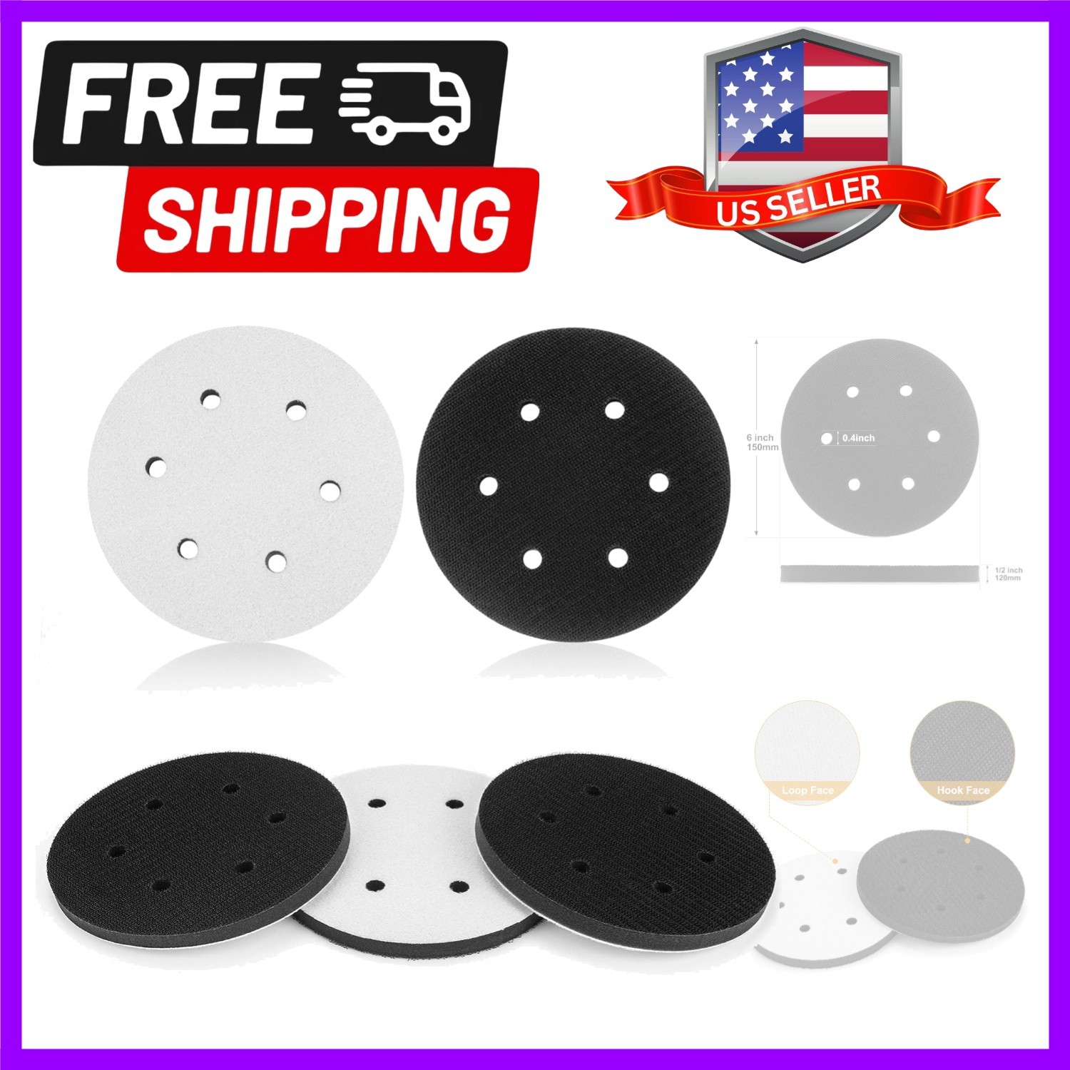 5 Pack 6 Inch 6 Hole Hook and Loop Soft Density Interface Buffer Pad 6″ Spong…