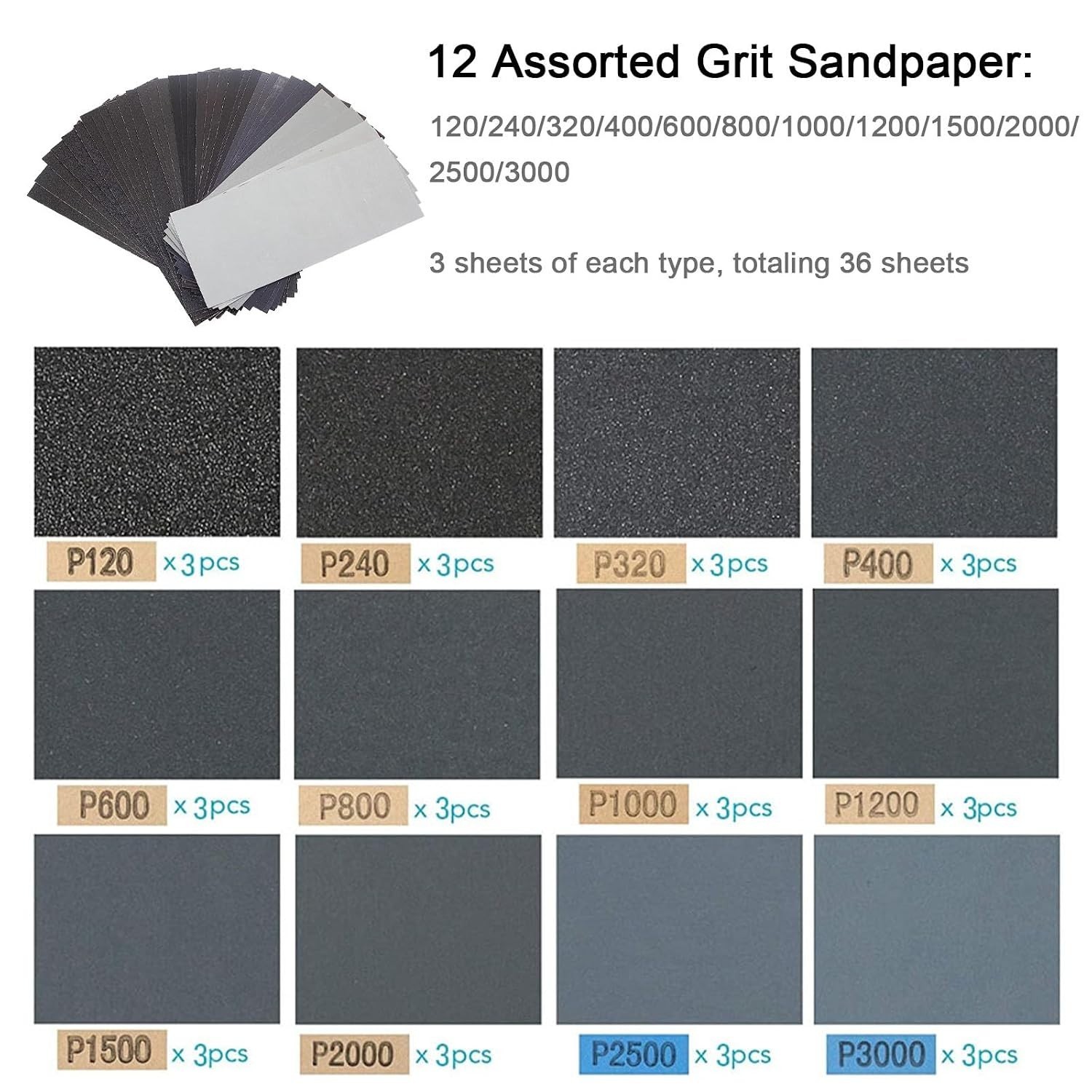 Hand Sanding Block Kit with Sponge Handle Sandpaper 120 to 3000 Grit 36 Pack