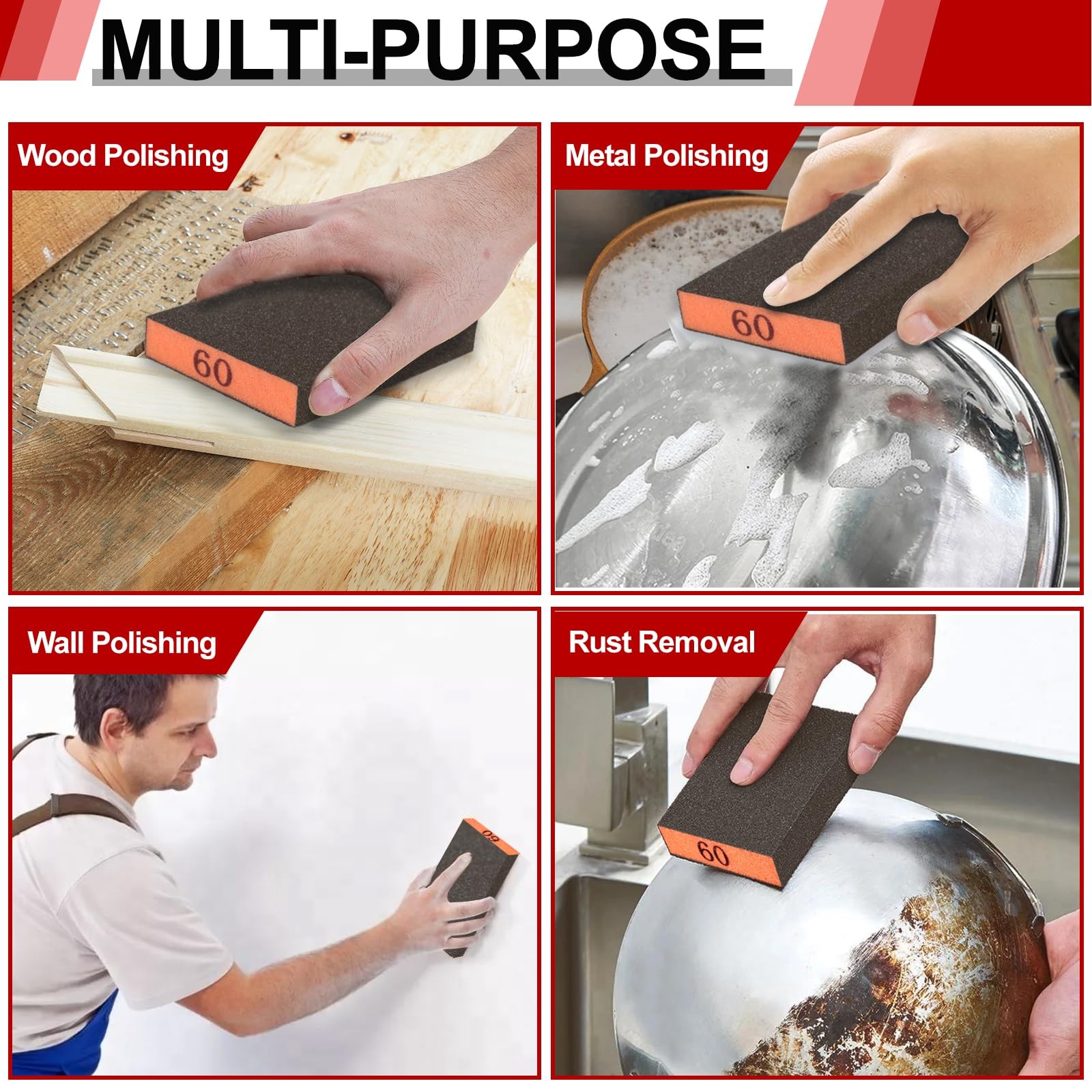 4 PCS Sanding Sponge Washable Block For Drywall Wood Metal 60 Grit Sandpaper