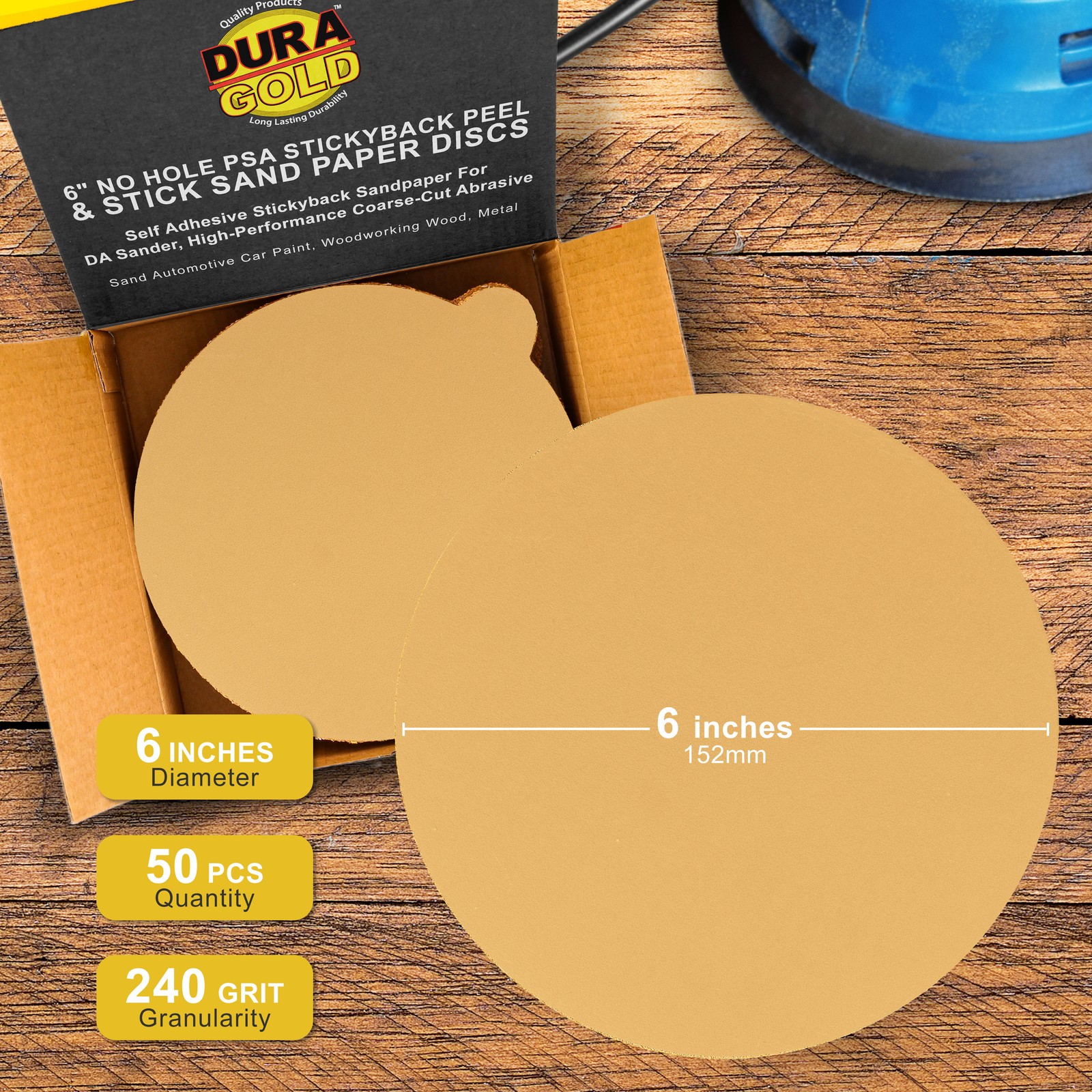 Dura-Gold 240 Grit – 6″ PSA Stickyback DA Sandpaper Sanding Discs Box 50