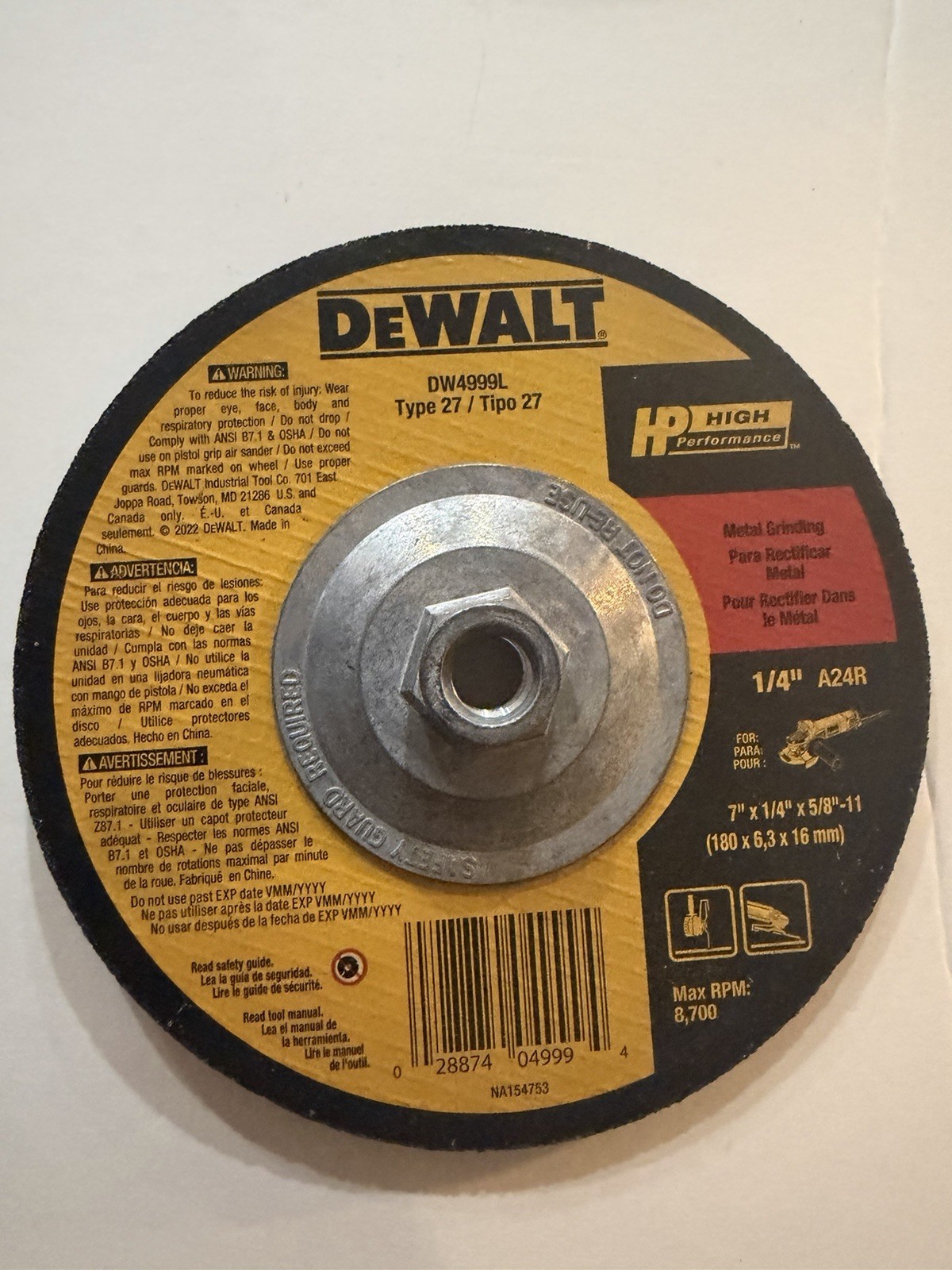 5 Pack Dewalt DW4999L 7” X 1/4” X 5/8” – 11 Grinding Discs Type 27