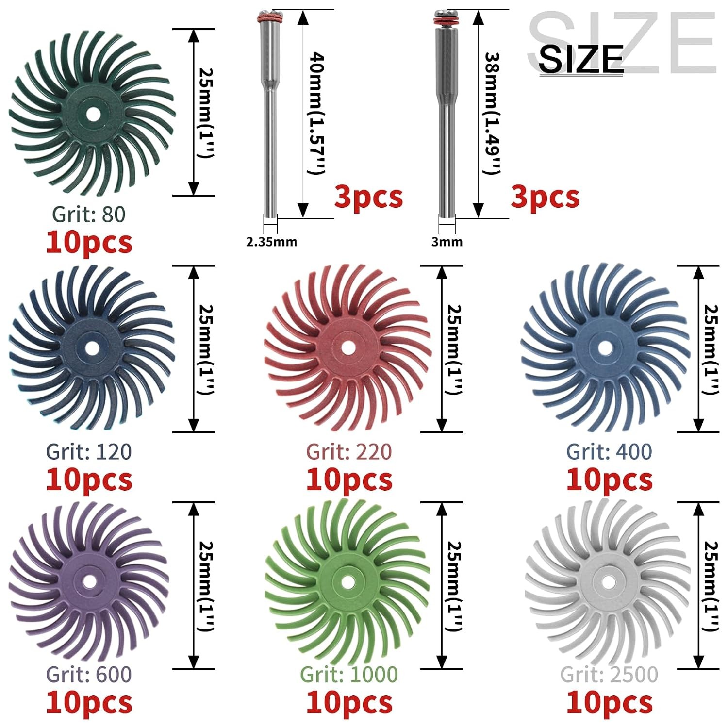 76Pcs 1 Inch Mini Radial Bristle Disc Mix Kit with 2.35mm/3mm Mandrels Polishing