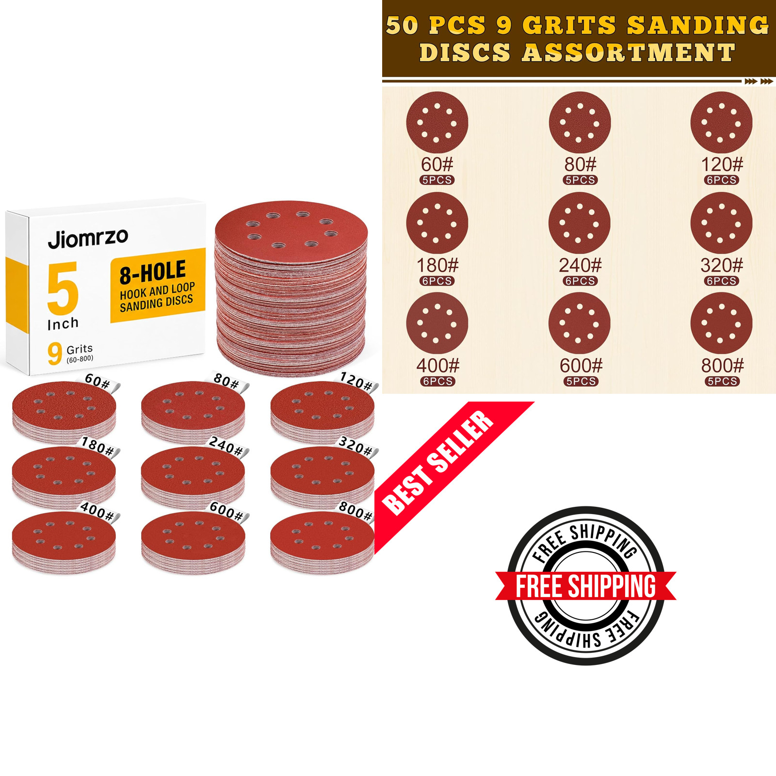 5 Inch Hook and Loop Sanding Discs, 50 Pack 8 Hole, 9 Mixed Grits | 60 80 120