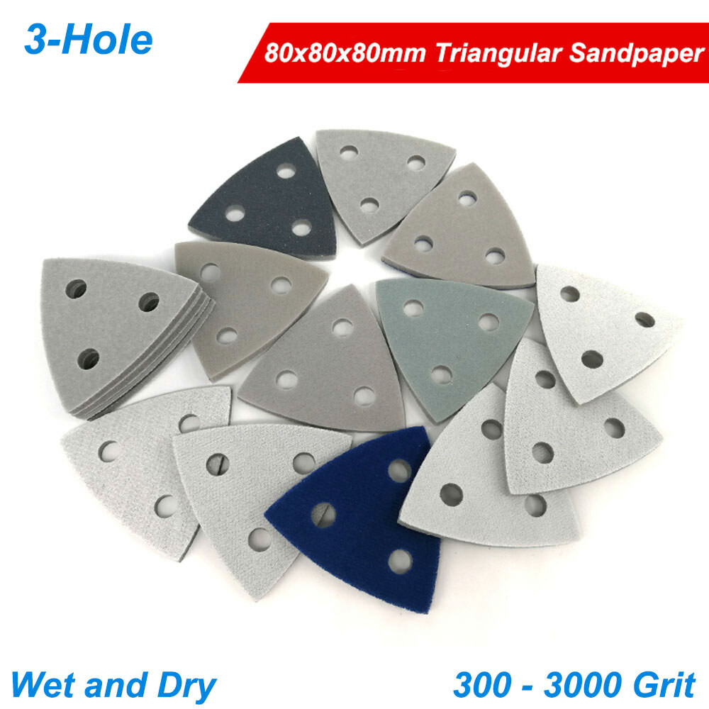 3 Hole Foam Sponge Hook & Loop Sanding Triangular Sandpaper Orbital Pad 80x80x80