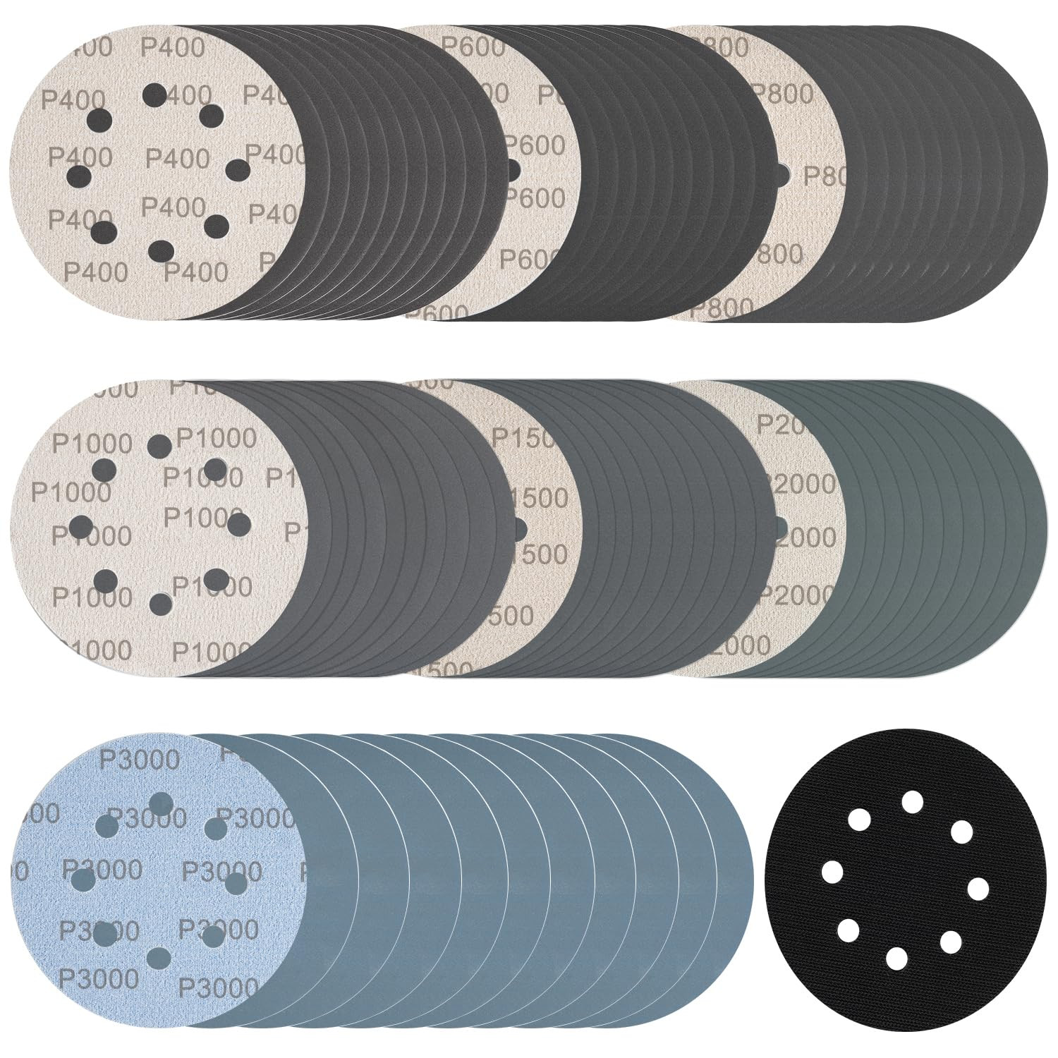 140Pcs 5 Inch Wet Dry Sanding Discs Hook and Loop 8 Holes Sandpaper 400/600/800/