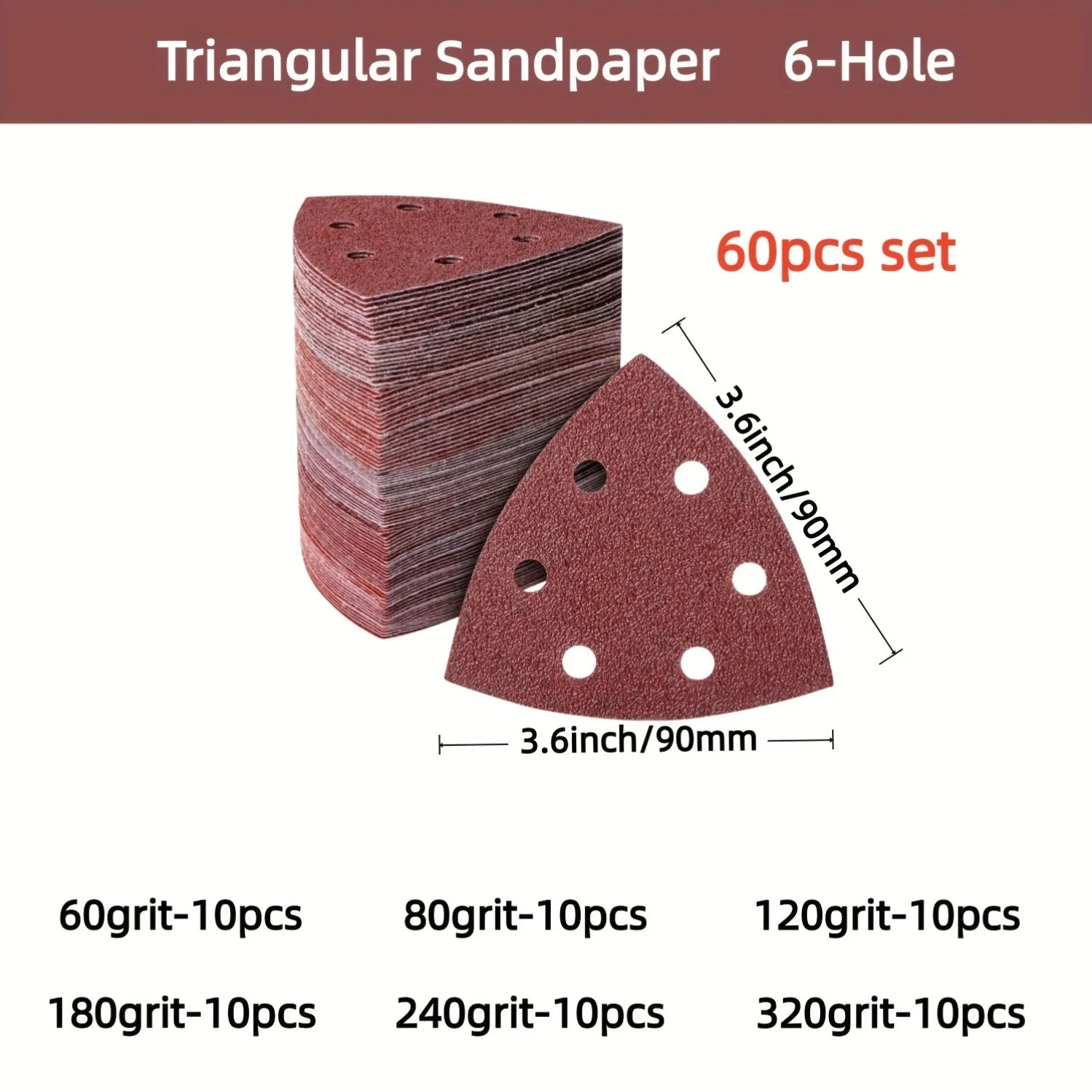 60 piece triangular sanding pad set, mouse sanding pad 6-hole sandpaper 60-320 g