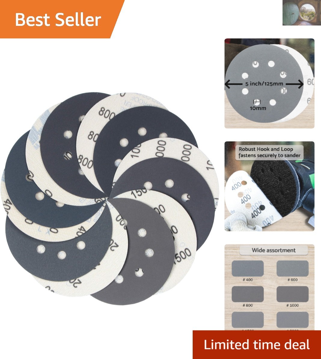 5 Inch Hook & Loop Sandpaper Set – 60 Discs with Tack Cloth for Dustless Finish