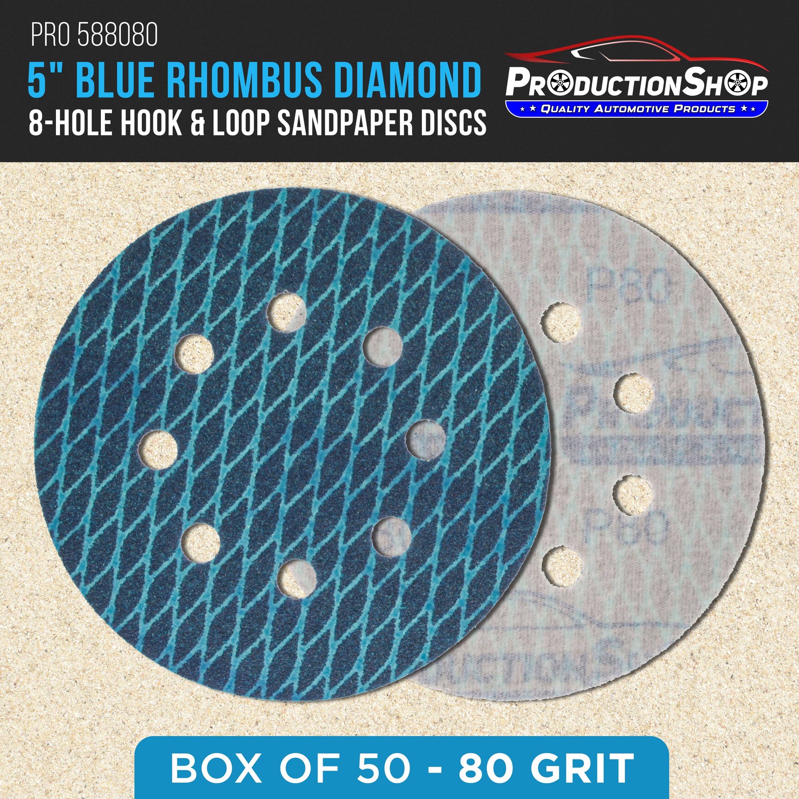 80 Grit 5″ Diamond Shape Sanding Discs, 8-Hole, Box of 50 Hook & Loop Sandpaper