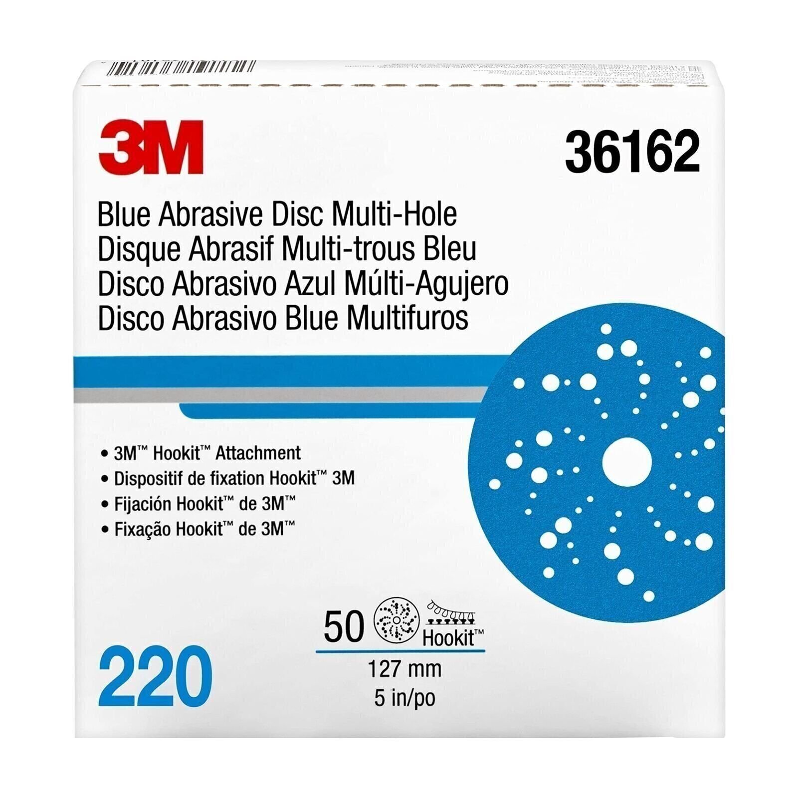 3M Hookit Blue Abrasive Discs 36162, Multi-Hole, 5 in, 220+ Grade, Pack of 50,