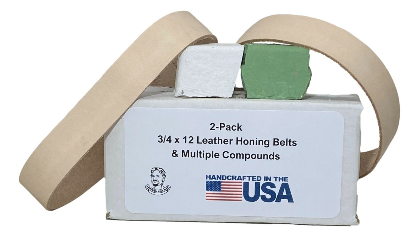 2 Pack of 3/4″ x 12″ Leather Honing Polishing Belts-White & Green Compounds Incl