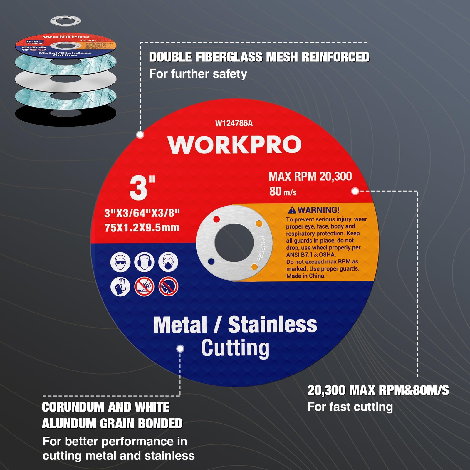 WORKPRO 20-Pack Cut-Off Wheels, 3 X 3/8-inch 3 X 3/8-inch, Silver