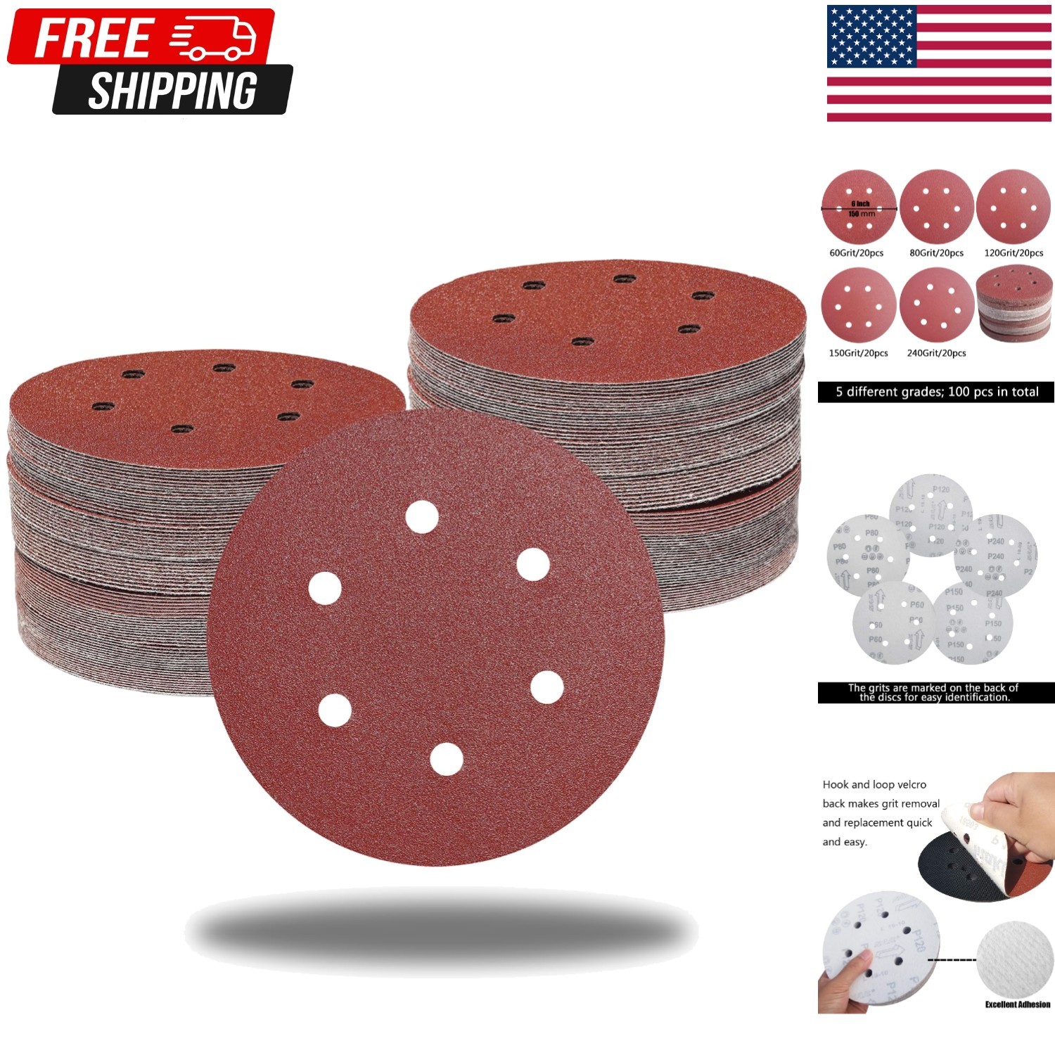 100 PCS 6 Inch Sanding Discs, 6 Hole Hook and Loop Sandpaper 60 80 120 240 400 G