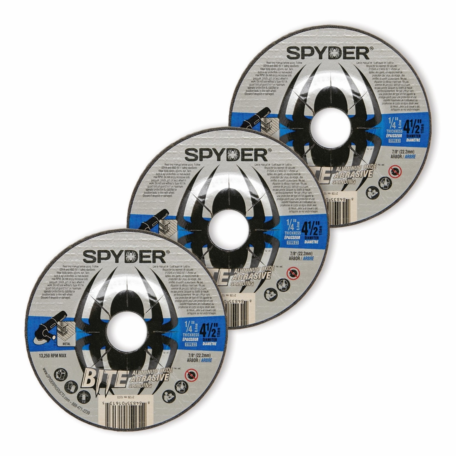 Grinding Wheel 4.5 in Aluminum Oxide Type 27, 1/4 in Kern, 3-Pack Spyder 21126-3