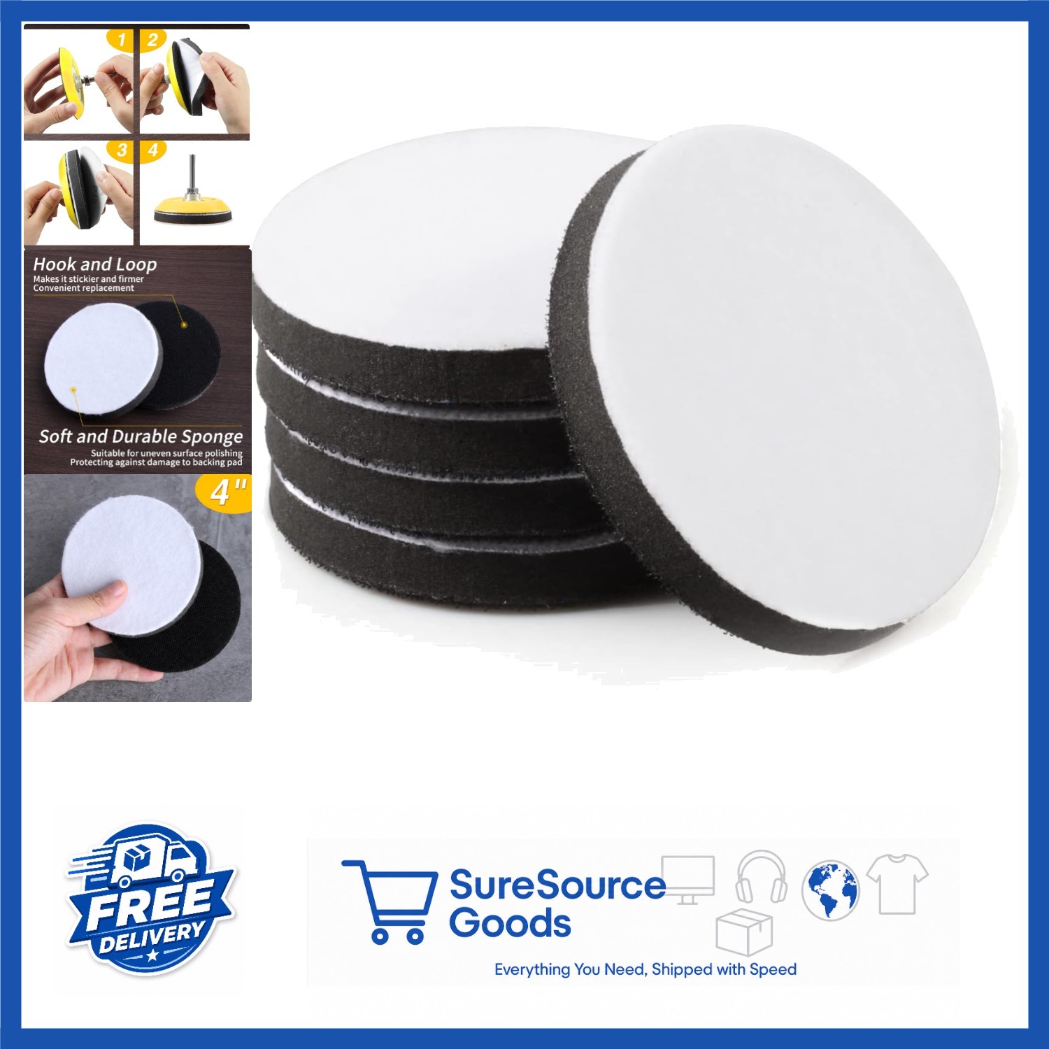 Soft Foam Buffering Pads 4″ Diameter 5 Pack Hook and Loop for Sanding
