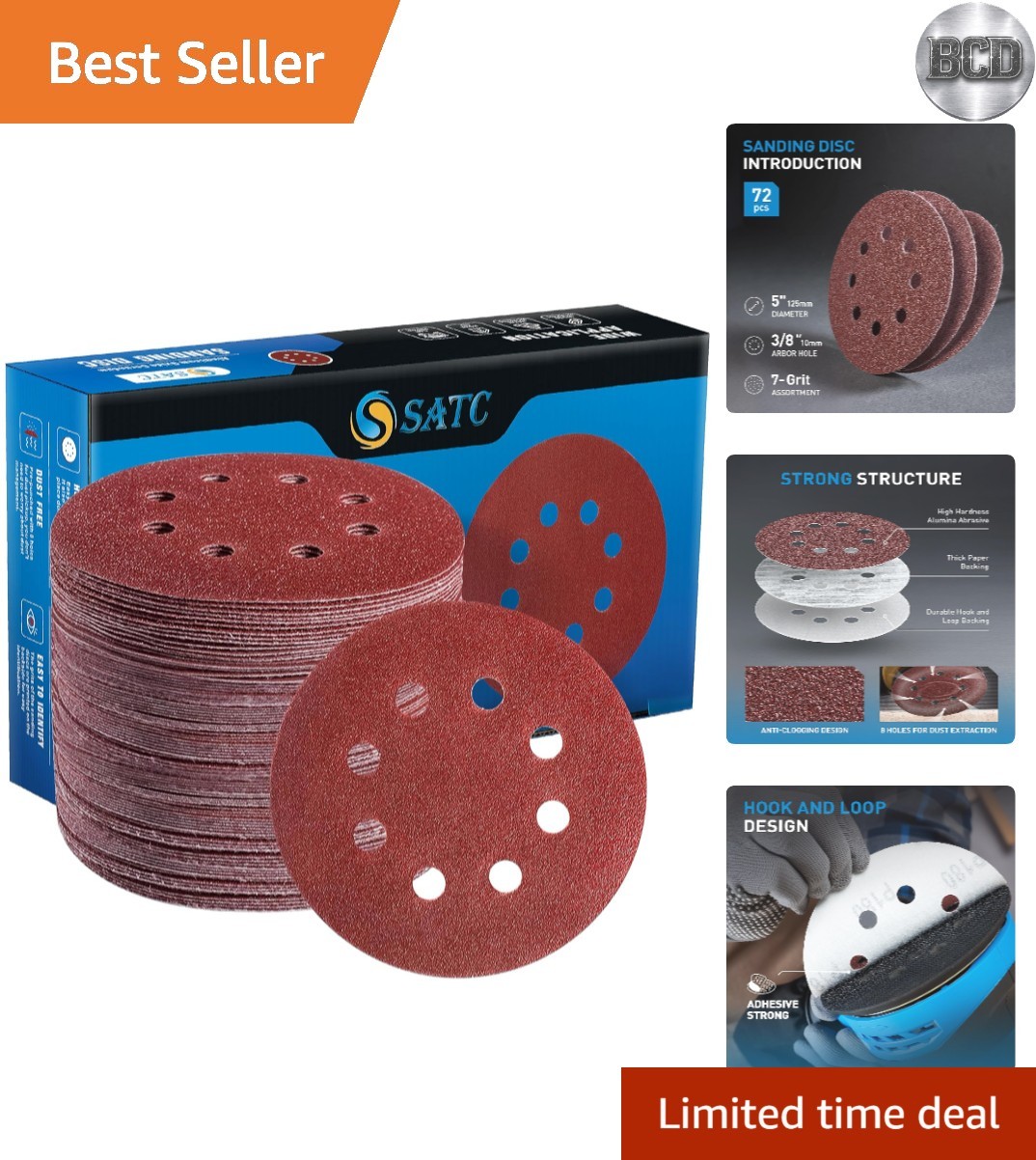 72 PCS 5 Inch 8 Hole Hook and Loop Adhesive Sanding Discs Sandpaper for Rando…