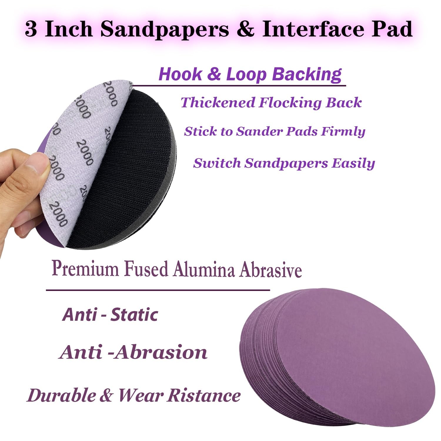 3 Inch 3000-10000 Grit Wet Dry Sandpaper, Sanding Disc 3 x 3 inches, Purple