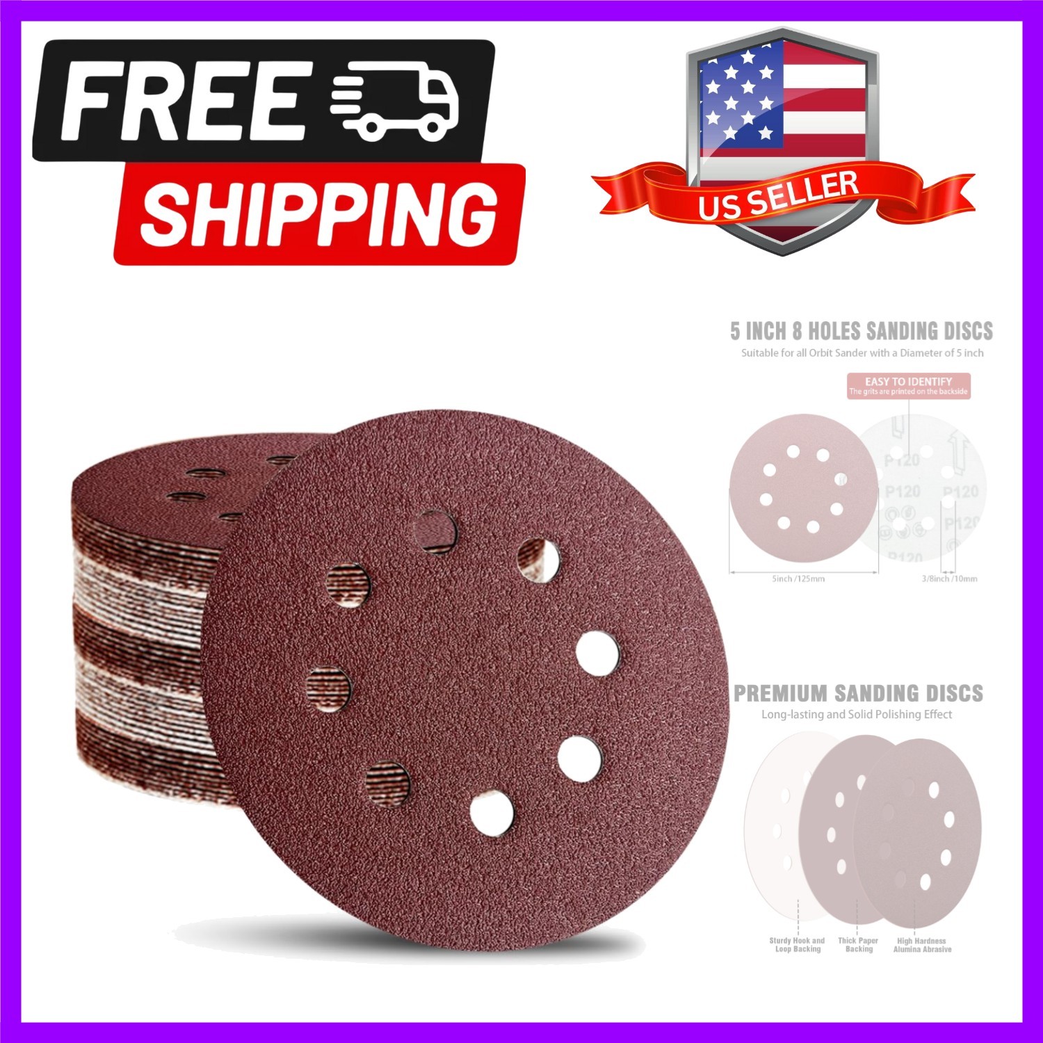 52 Pack 5 Inch 8-Hole Hook and Loop Sanding Discs Sandpaper Red Round 60 80 1…