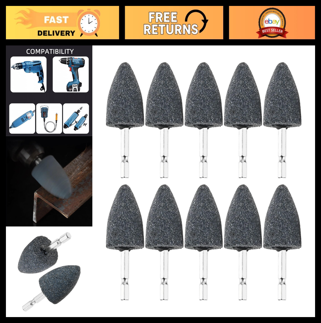10Pcs 30mm Cone Grinding Stones – Aluminum Oxide Polishing Bits for Rotary Tools