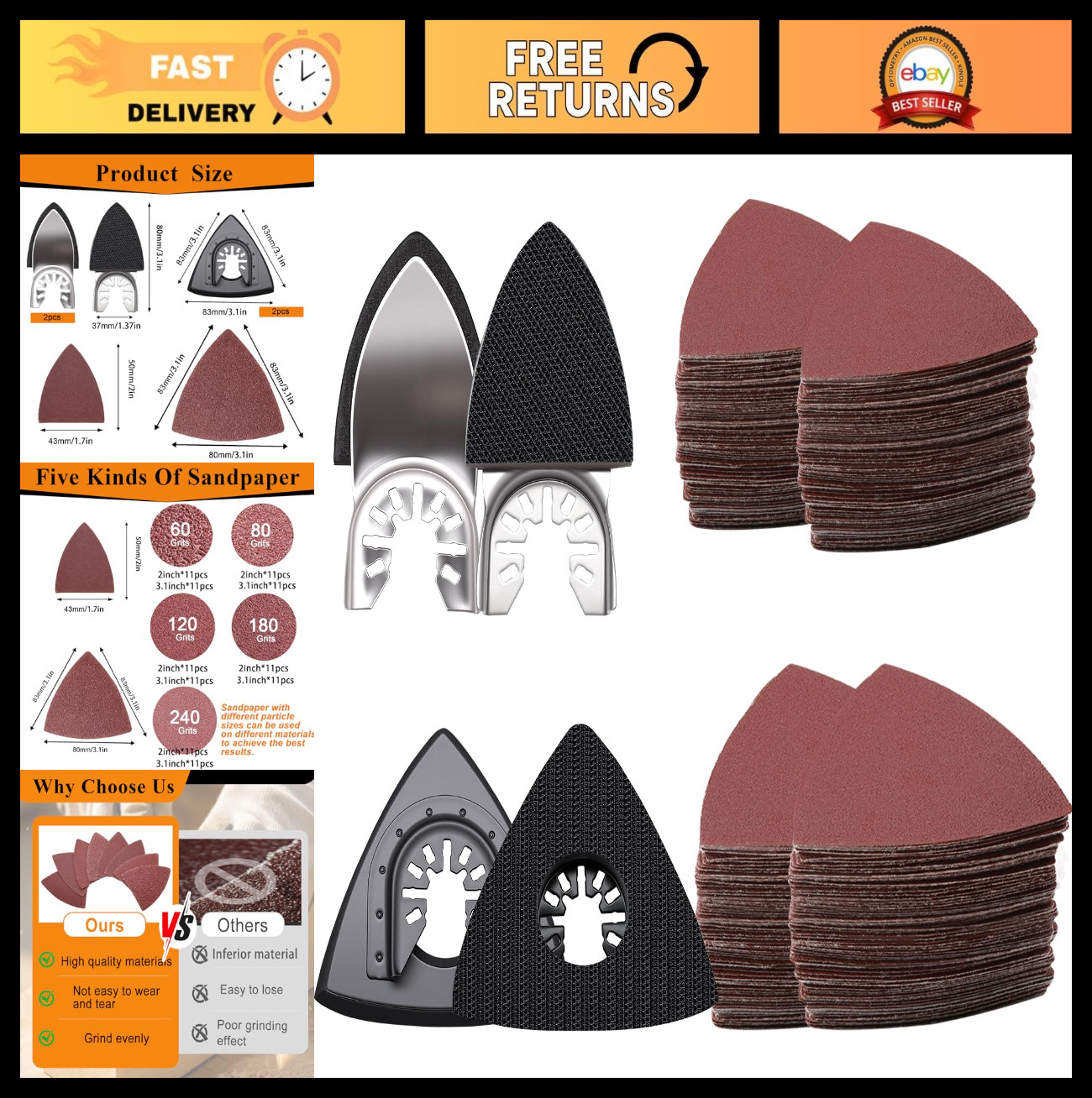 114Pcs Oscillating Tool Sanding Pads Kit – Triangle & Finger Sandpaper Set for W