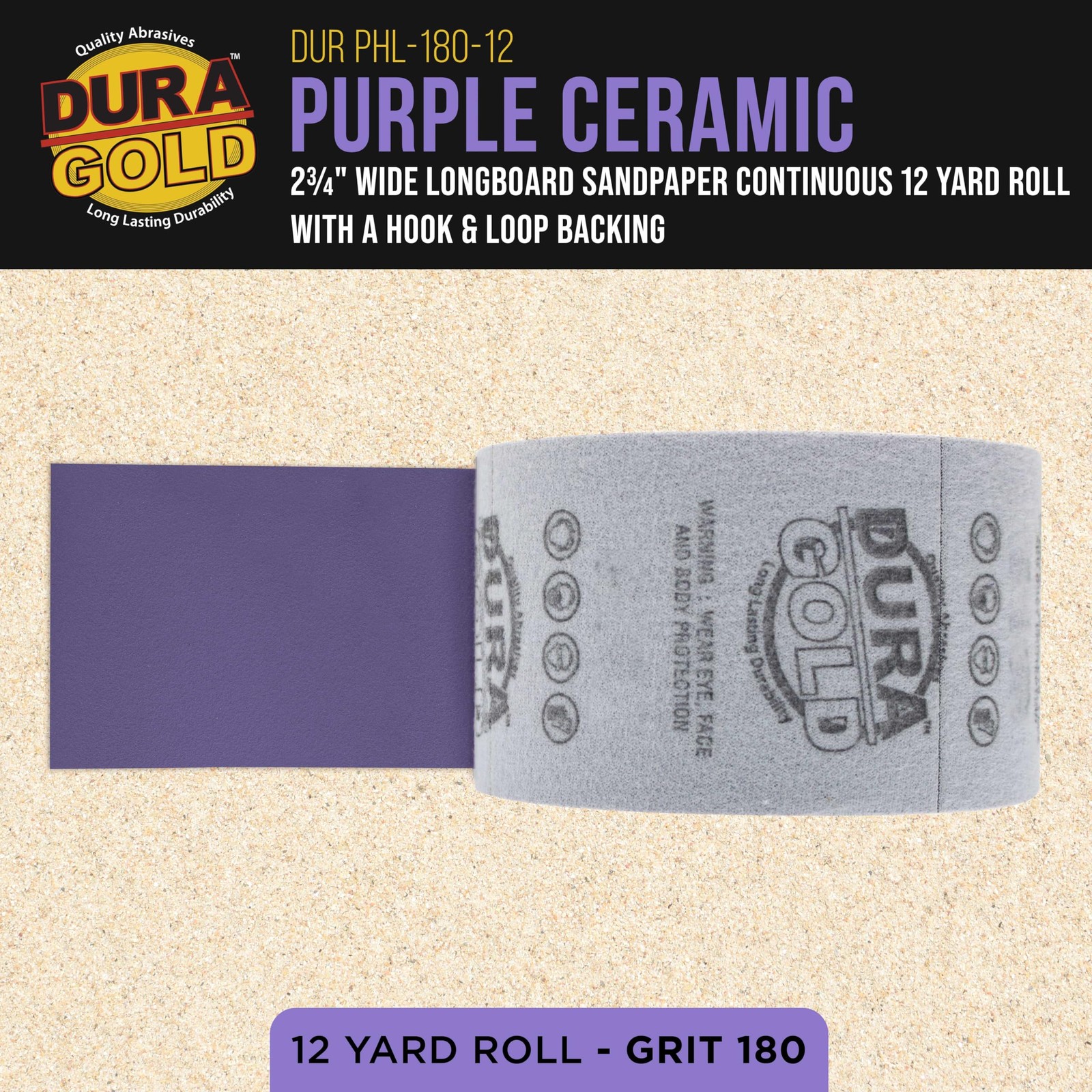 Premium 180 Grit Purple Film Ceramic Longboard Sandpaper, 2-3/4″ Wide Continu…