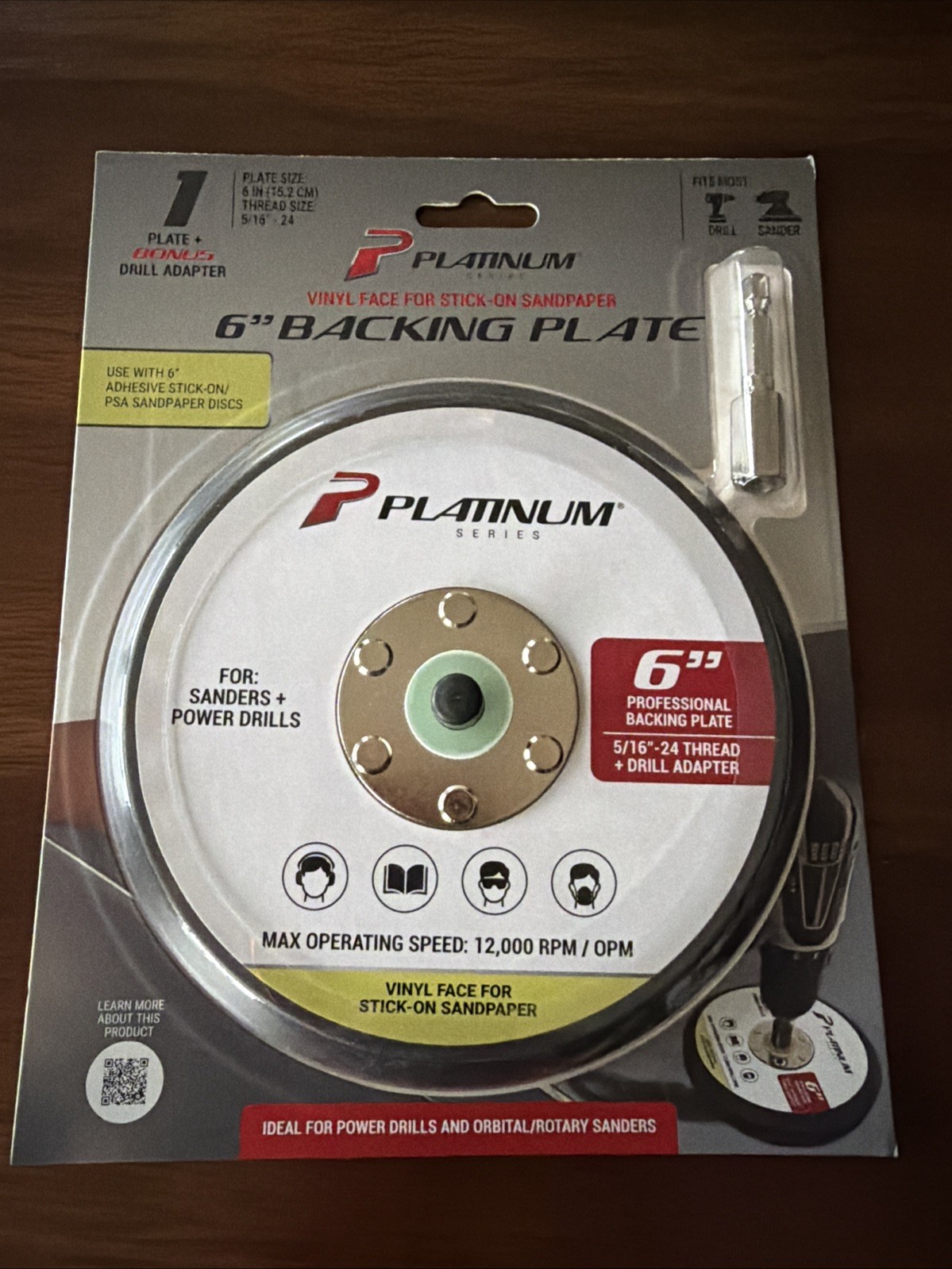 Platinum Series 6” Backing Plate Vinyl PSA Stick-On Sandpaper w/ Drill Adapter