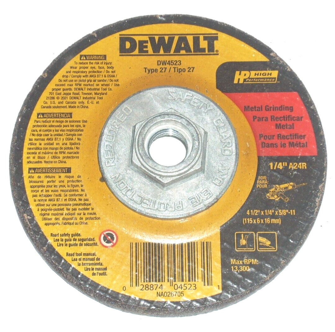 Dewalt DW4523 Grinding Wheel 4 1/2 x 1/4 x 5/8-11 for Metal Type 27 4pk