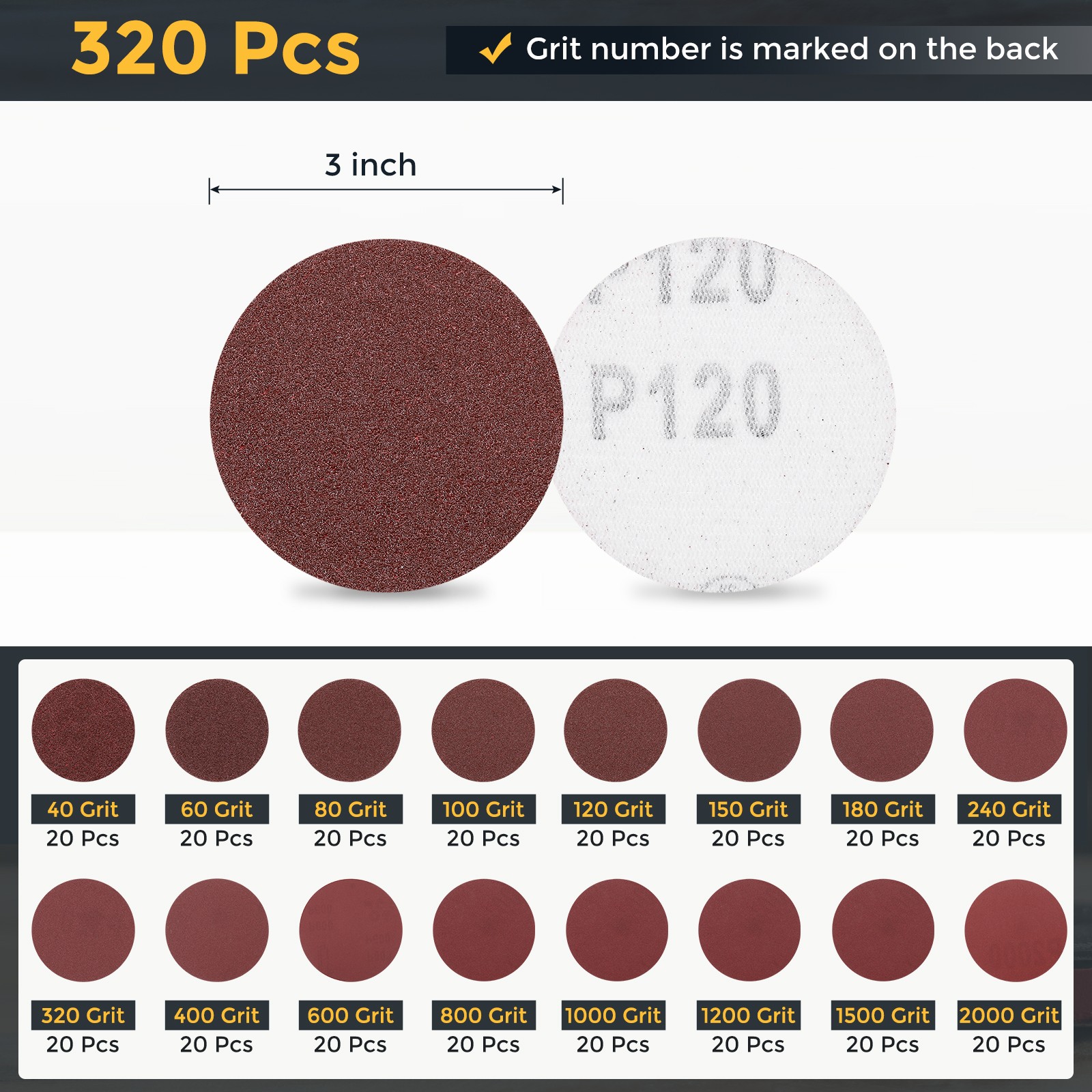 320 Pcs 3 Inch Sanding Disc 40-2000 Assortment Grit Hook and Loop Sandpaper