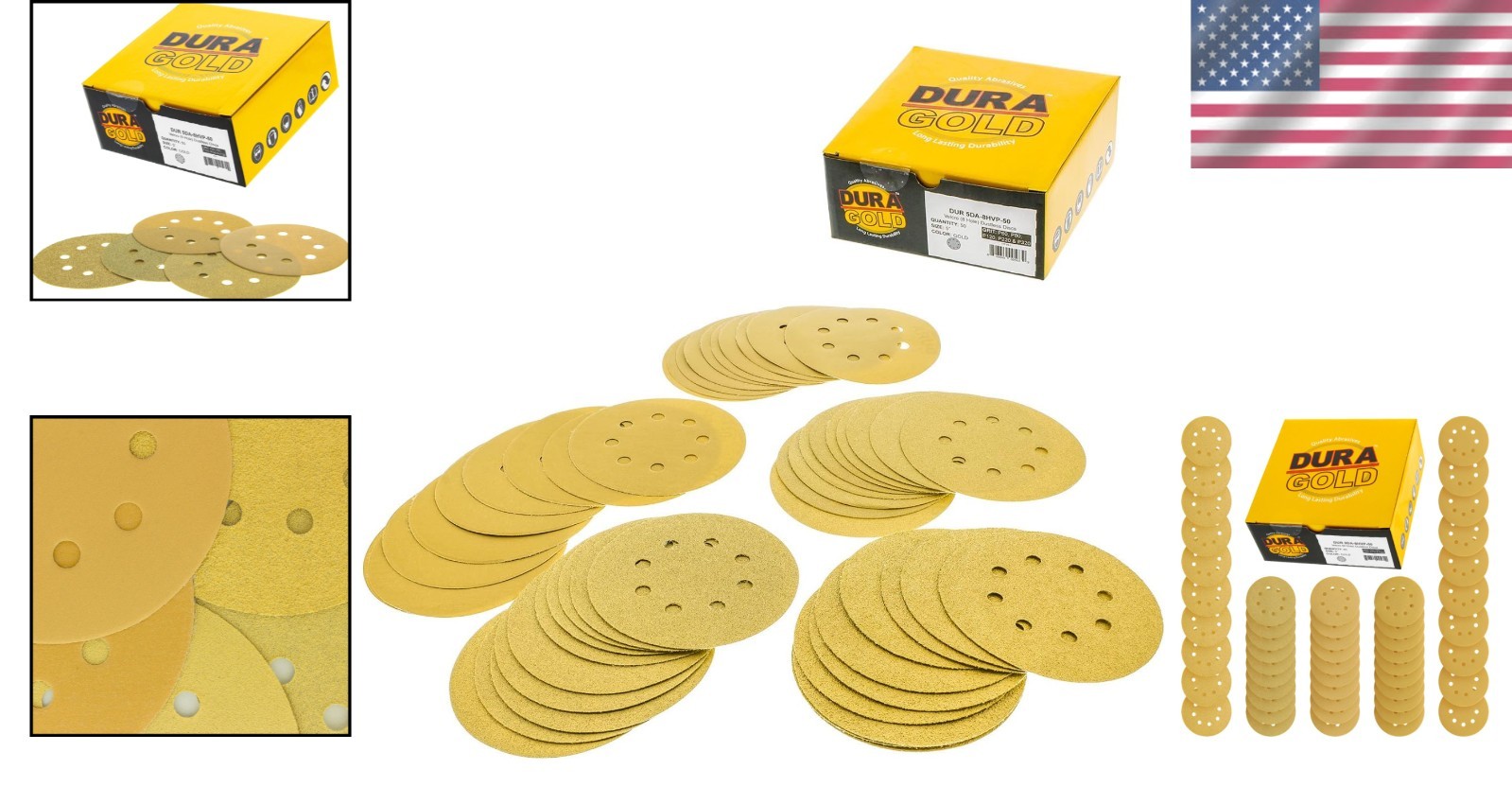 5-Inch Gold Sanding Discs – 50-Piece Variety Pack with 8 Holes for Dust-Free Use