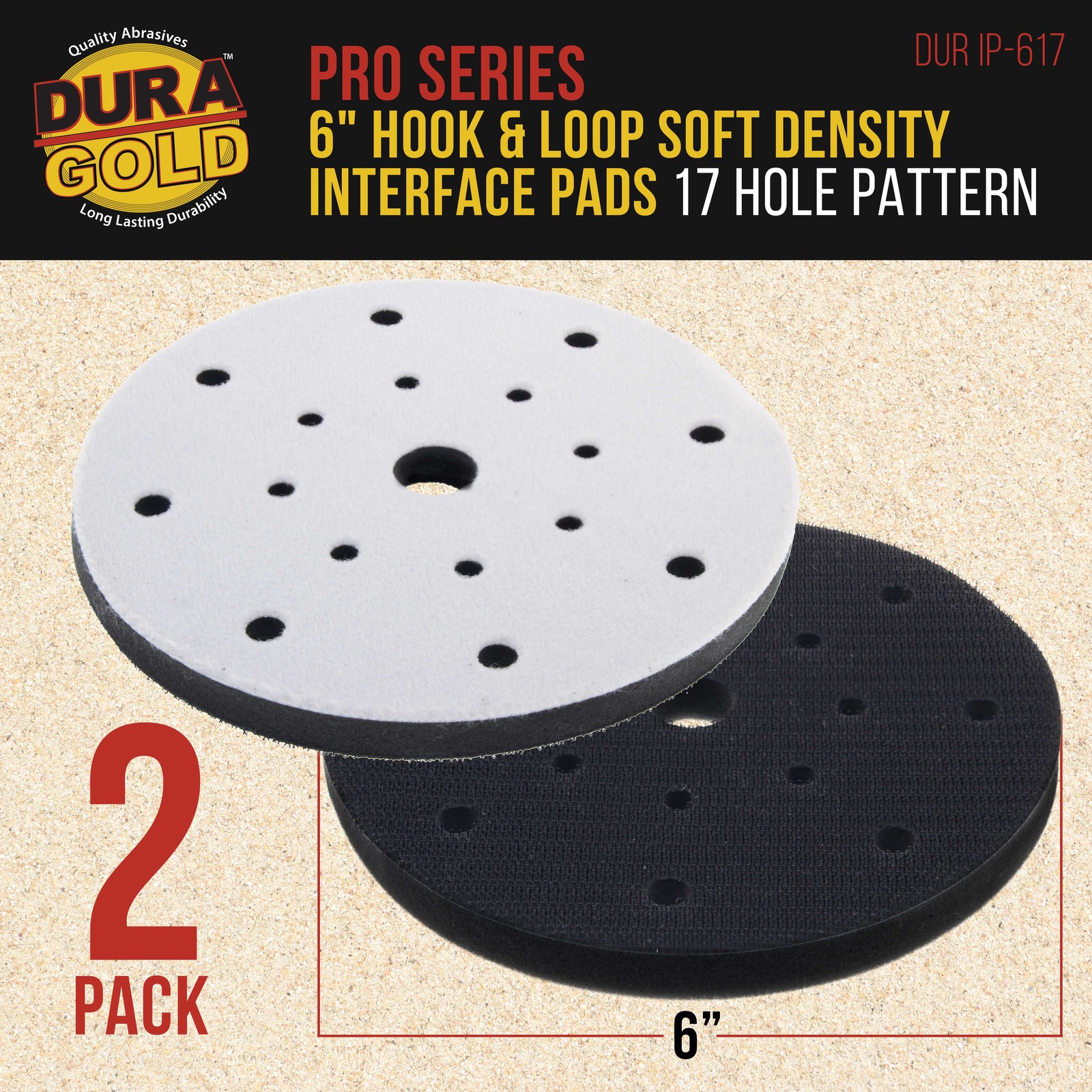 2 Dura-Gold 5″ x 10mm Soft Density Interface Pads, Hook & Loop, 17 Hole Pattern