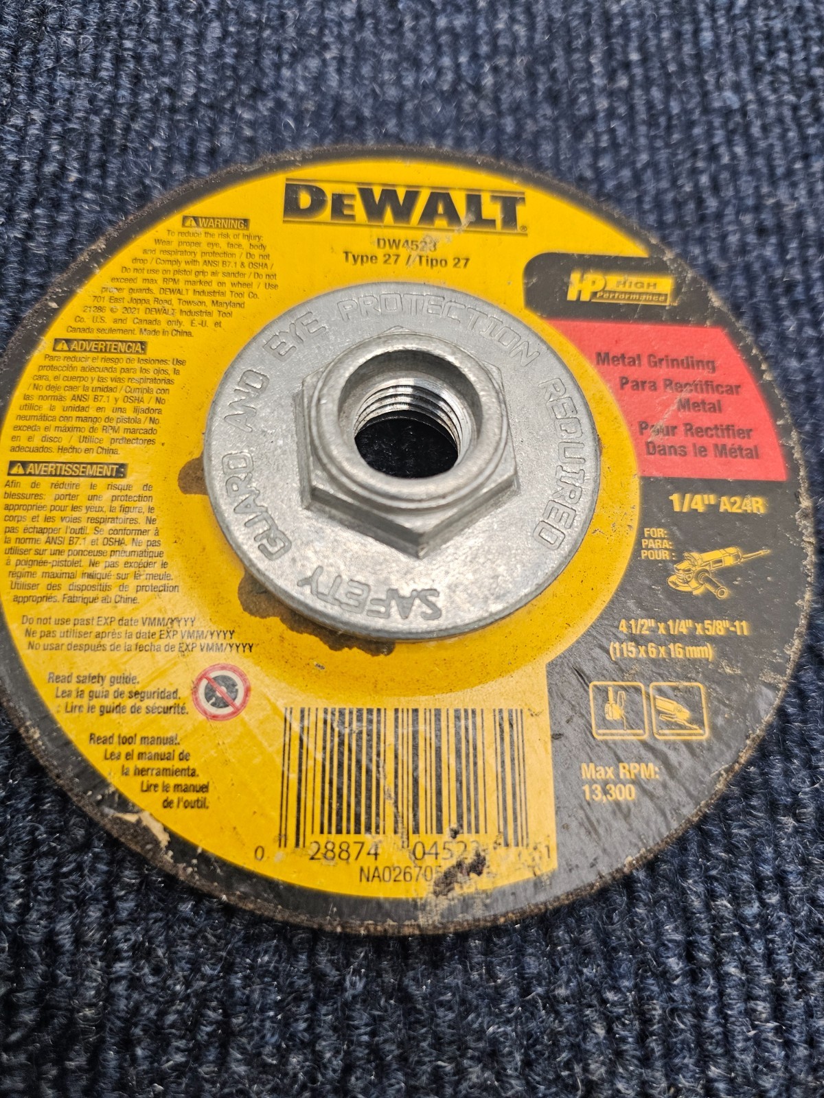 (QTY 4) Dewalt DW4523 4-1/2 x 1/4 x 5/8-11 High Performance Metal Grinding Wheel