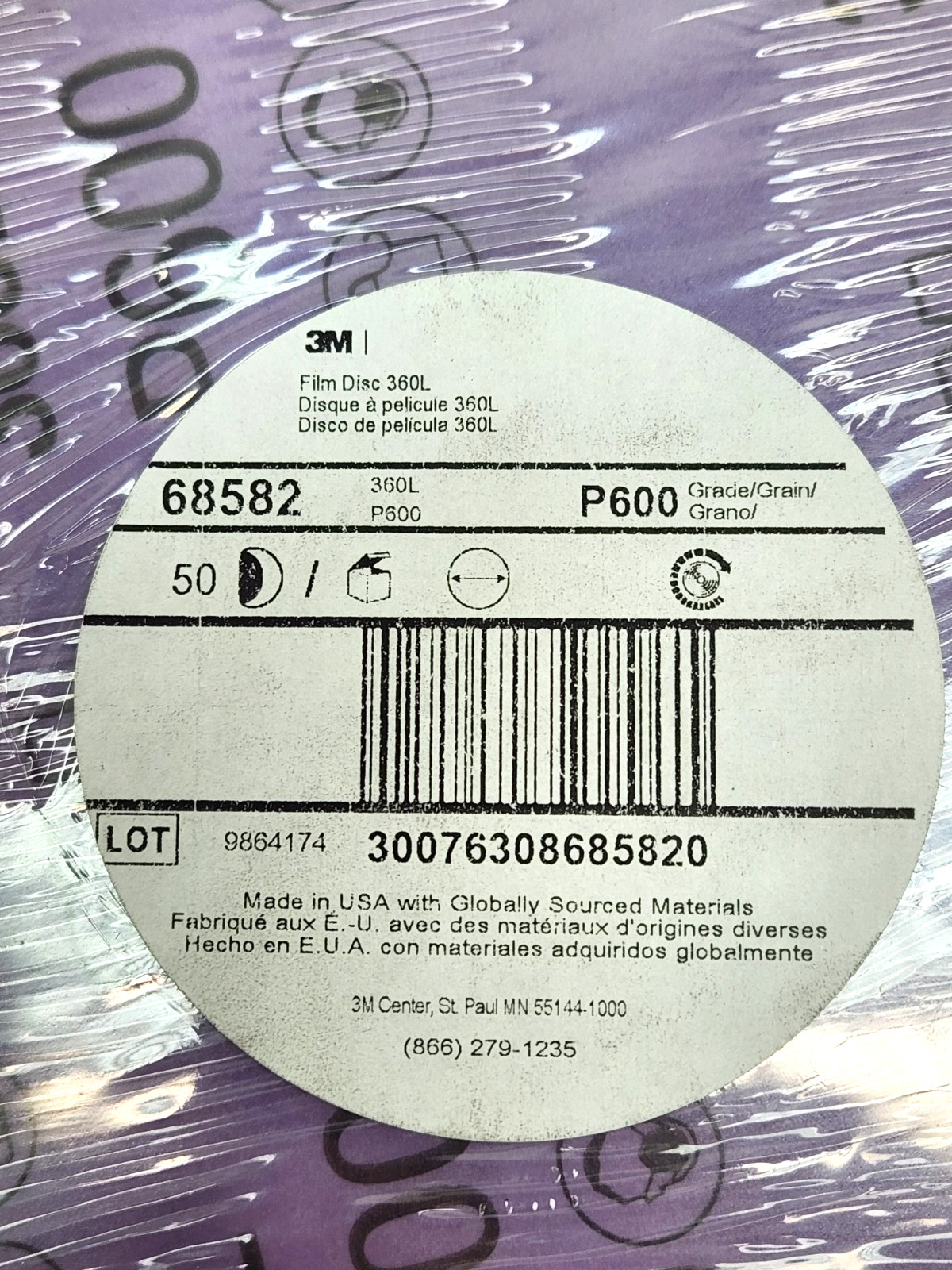 (50 pcs) 3M 360L 8″ Film Disc 68582, P600 Grit, Sanding, Stikit, AO Coated