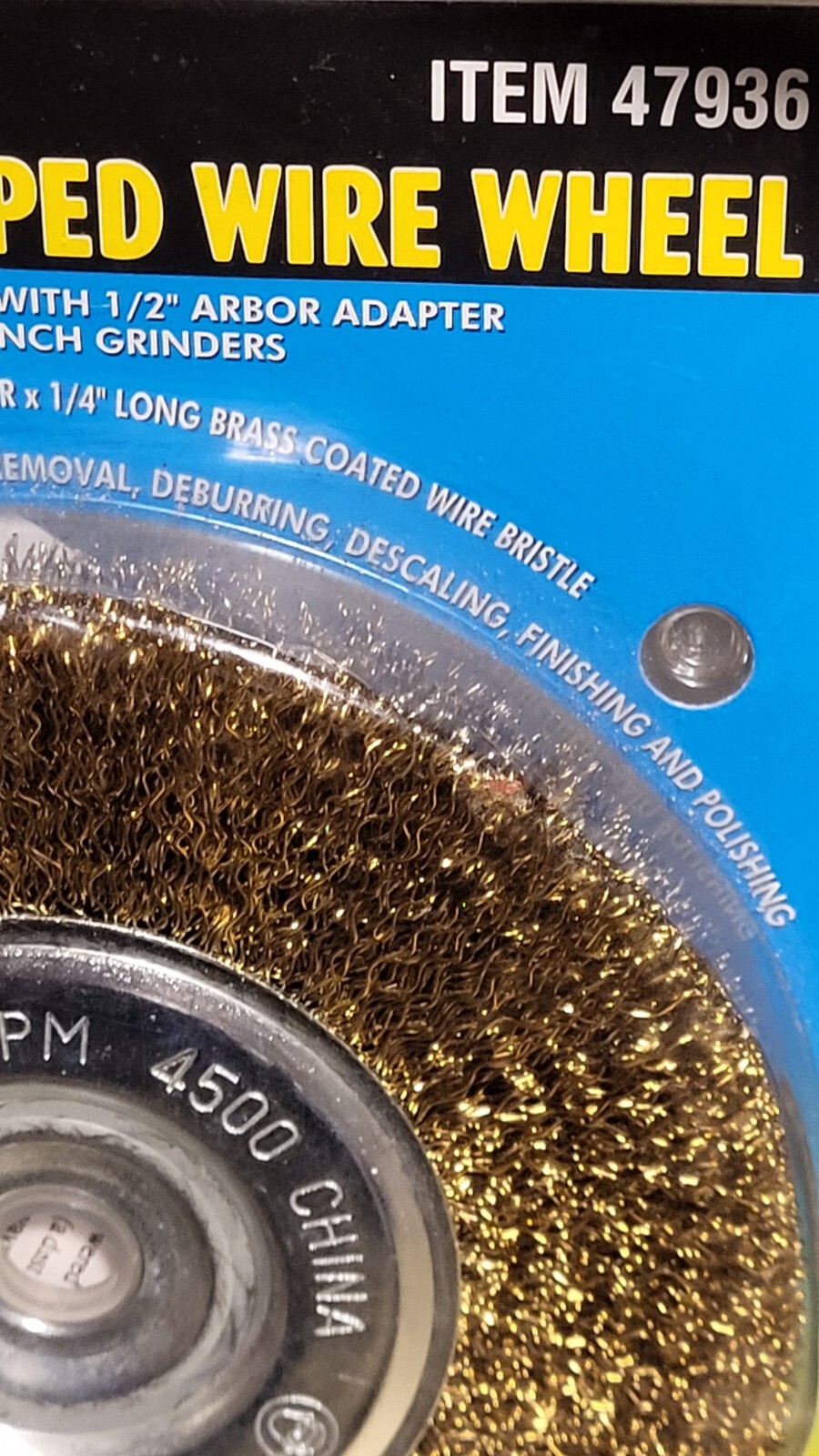 6″ Brass Crimped Wire Wheel Item 47936. 5/8″ Arbor With 1/2″ Arbor Adapter. 1L