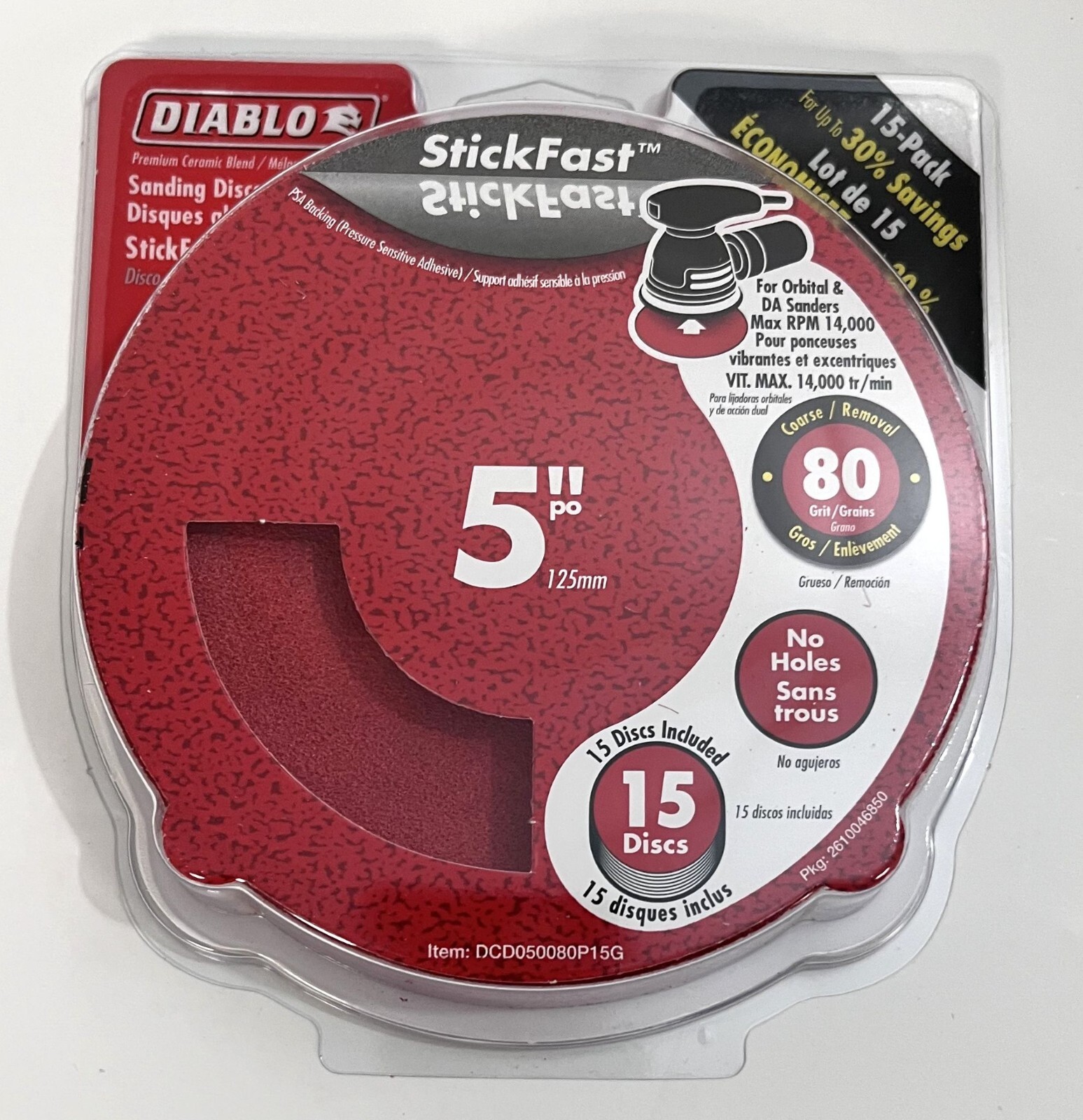 Diablo DCD050080P15G 5″ 80-Grit Sanding Discs StickFast No Holes (15-Pack)