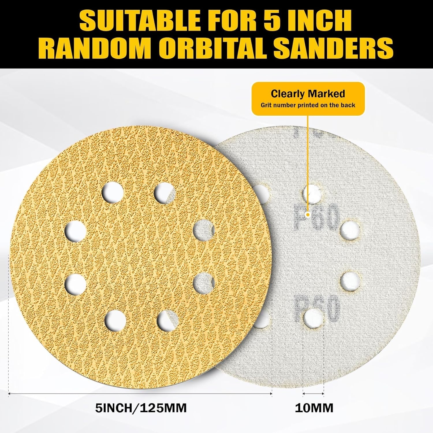 130Pcs 5 Inch 8-Hole Hook&Loop Sanding Discs, 220 Grit Diamond Yellow Sand, D…