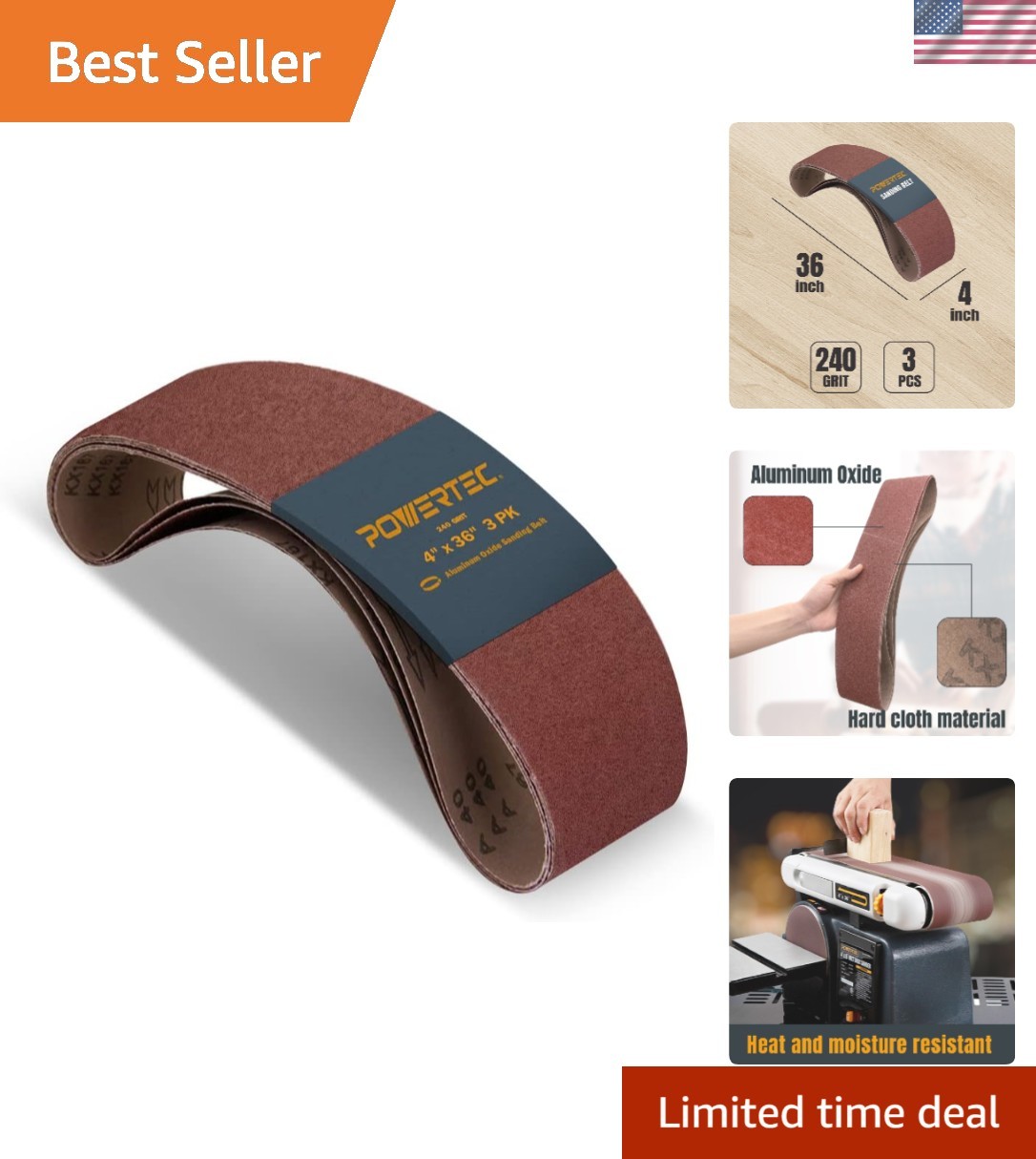 Powertec 3PK 4″ x 36″ Sanding Belts – 240 Grit Aluminum Oxide for Wood & Metal