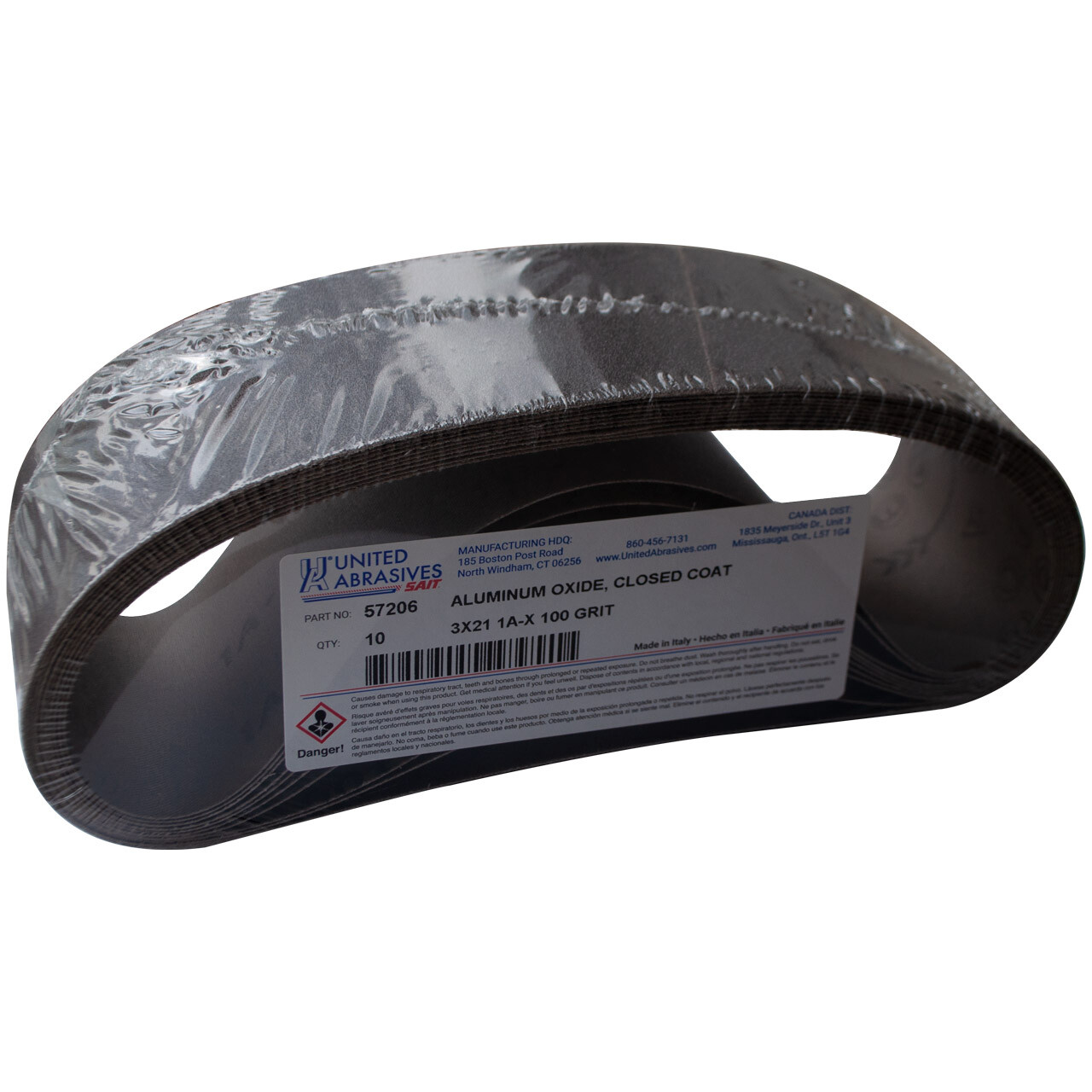 United Abrasives 57206 3×21 Aluminum Oxide Portable Sander Belt 100 Grit 10 pk