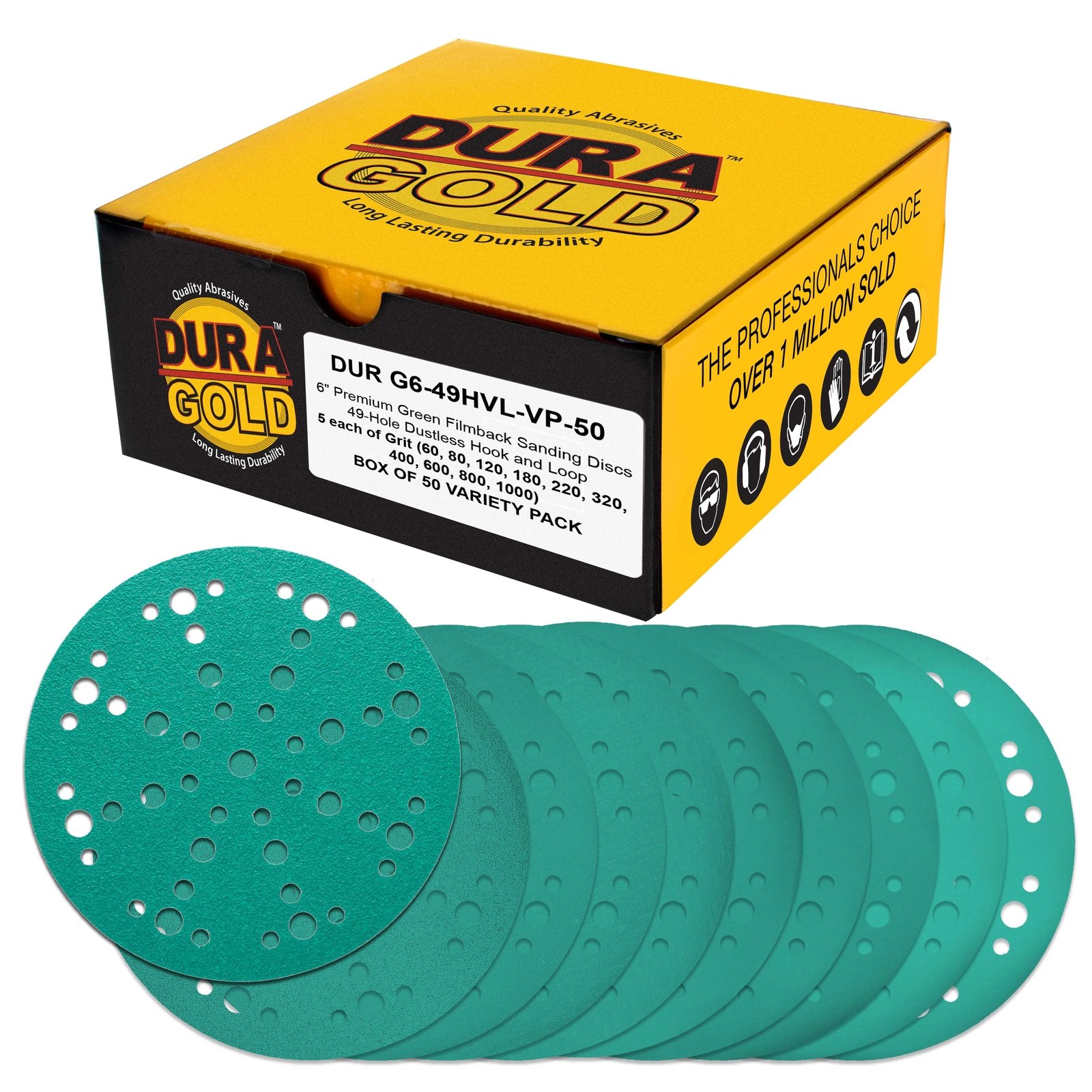 6″ Green Sanding Discs, 49-Hole, 50 Disc Variety Pack – Hook & Loop Sandpaper