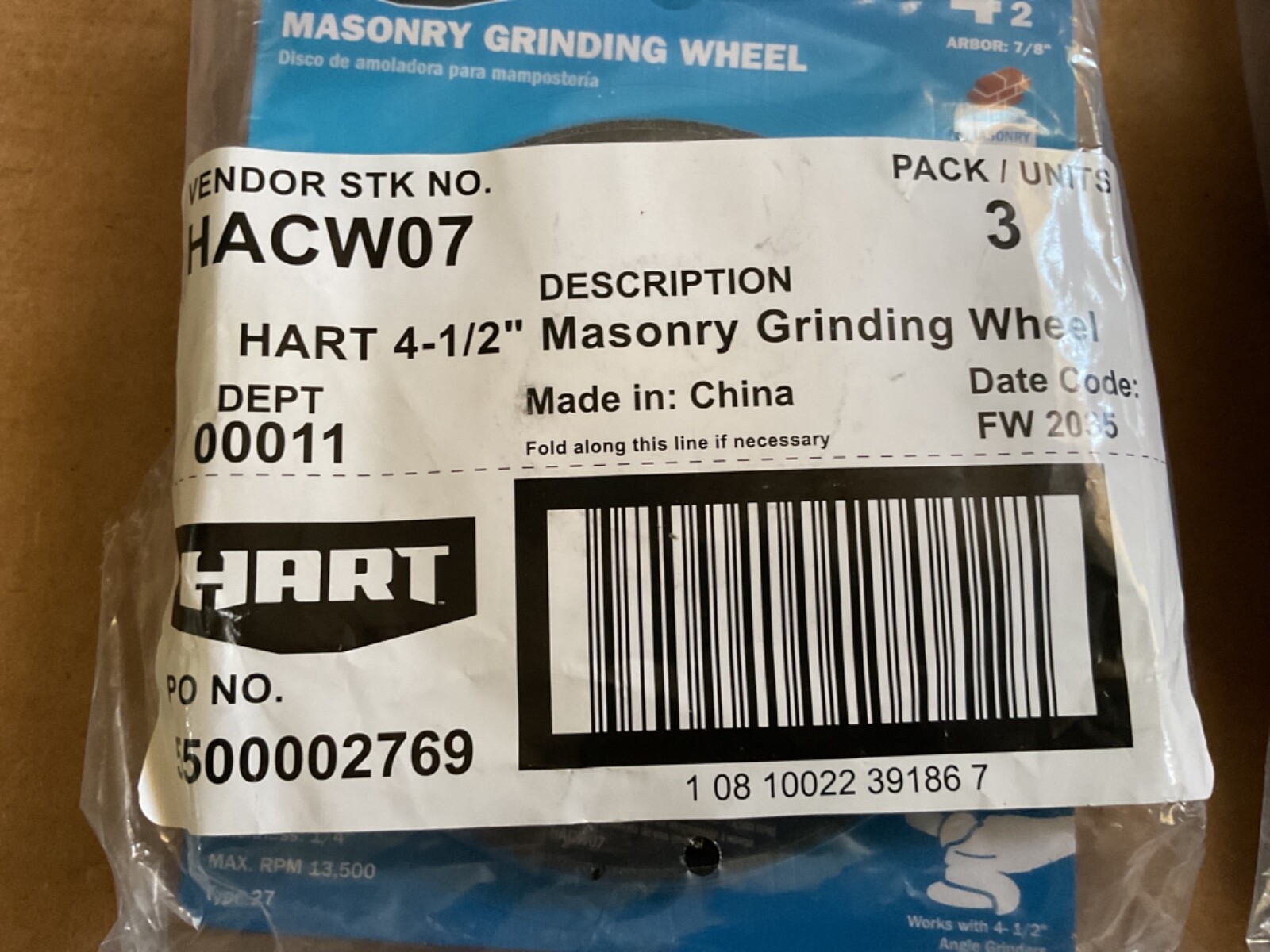 HART 4-1/2″ MASONRY GRINDING WHEEL 1/4 Inch Thick