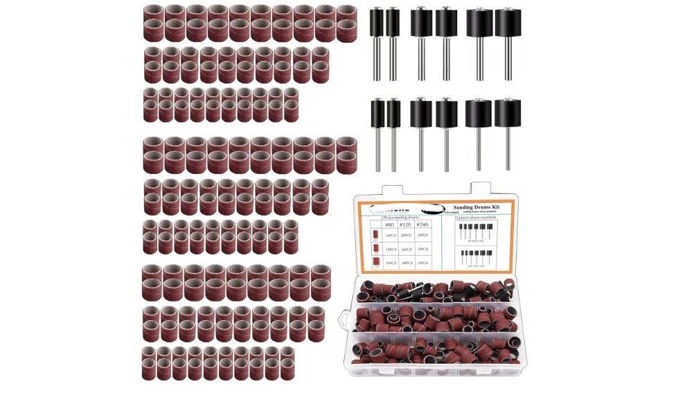 138PC Sanding Drum Set Rotary Tool Sanding Bands Mandrels 80 120 240 Grit